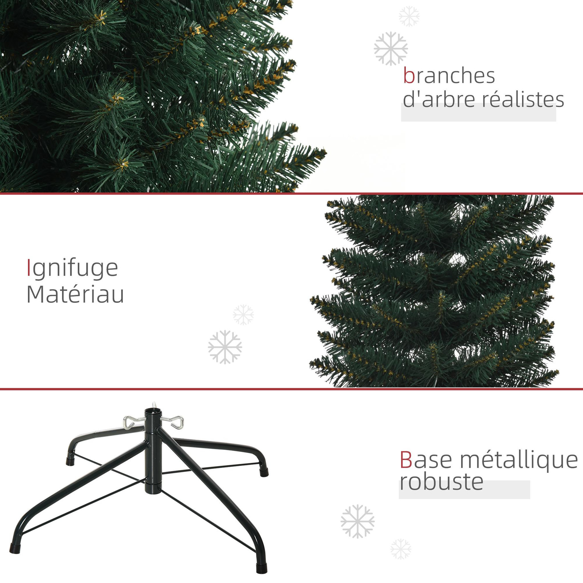 Voir la diapositive 5 : HOMCOM Sapin de noël artificiel mince dia. 56xh.180 cm 380 branches grand réalisme support métal pliable antidérapant