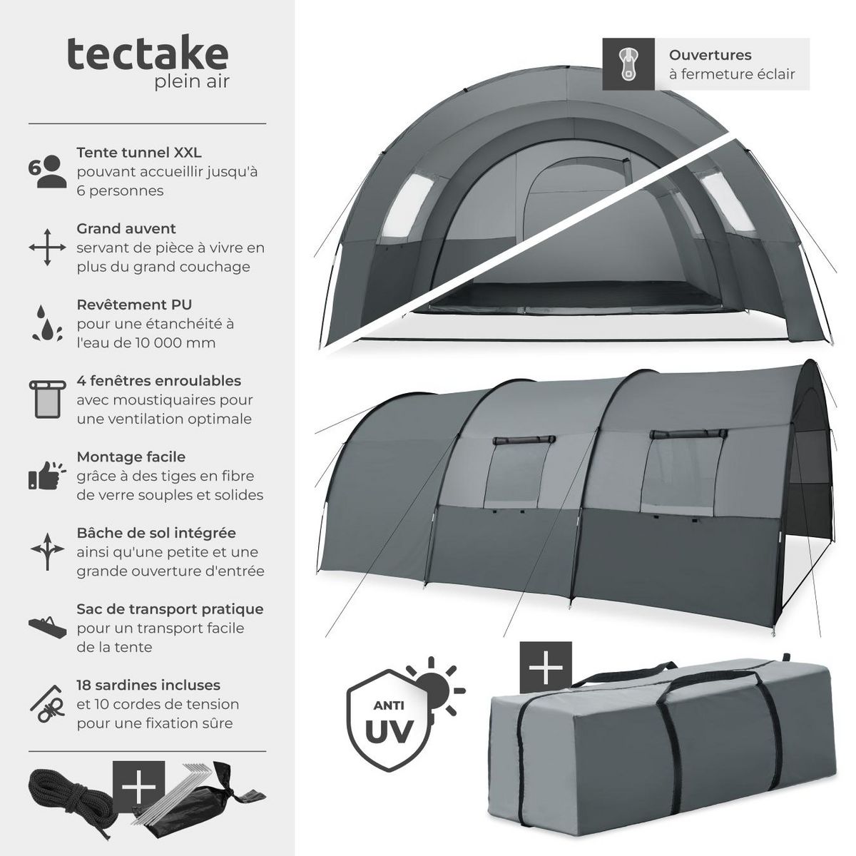 tectake Tente de camping familiale spacieuse pour jusqu'à 6 personnes gris clair/gris foncé