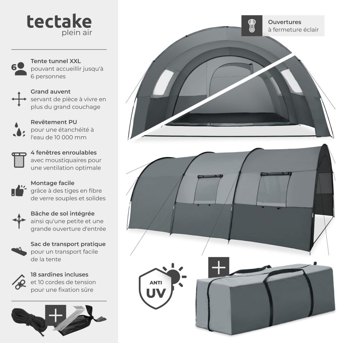 tectake Tente de camping familiale spacieuse pour jusqu'à 6 personnes gris clair/gris foncé