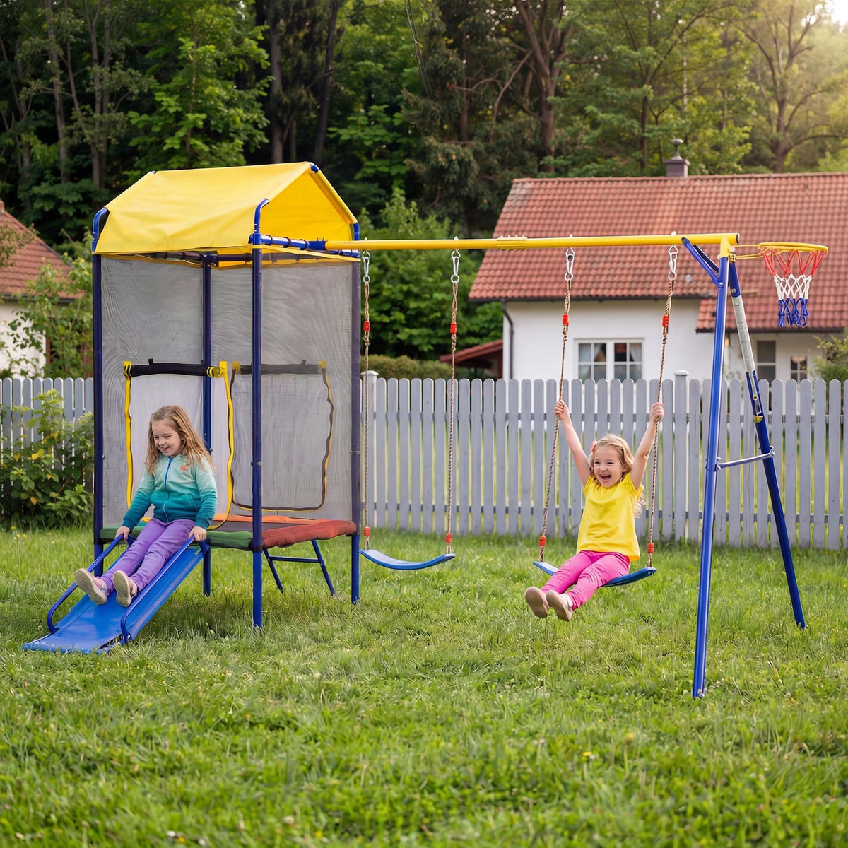 MERAX Aire de jeux extérieur 4 en 1 avec trampoline, balançoire, toboggan et panier basket