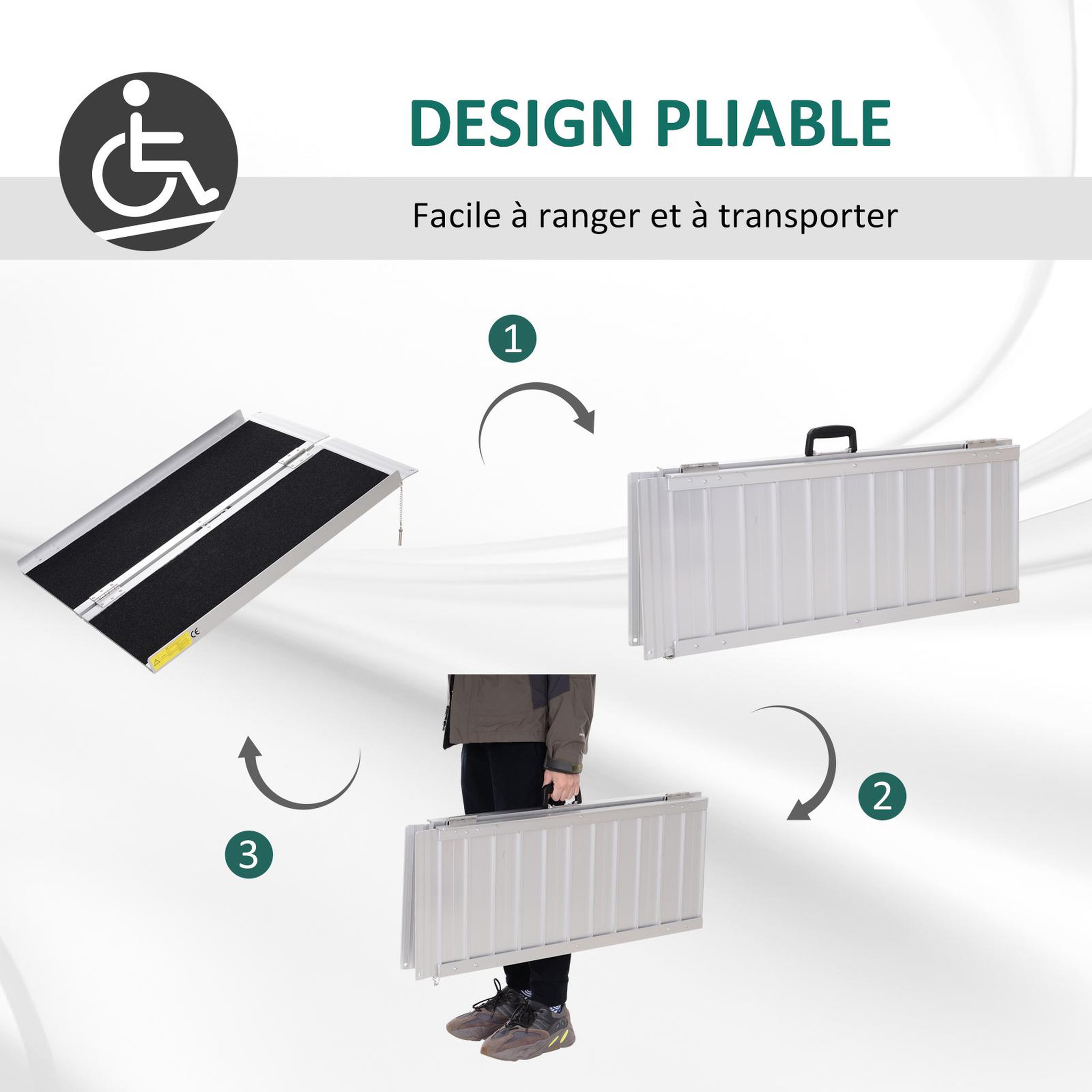 Voir la diapositive 4 : HOMCOM Rampe de fauteuil roulant rampe de chargement rampe d'accès antidérapante pliable avec bordures de sécurité max. 270 kg dim. 93l x 76l x 5h cm alu. Noir