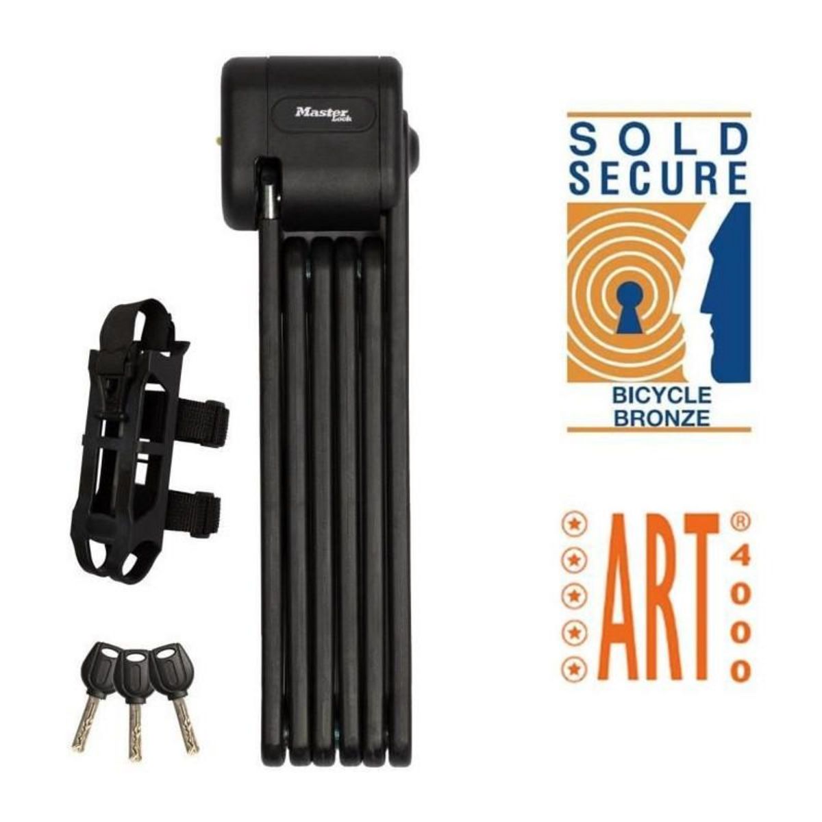 Master lock Antivol Vélo Pliabe Certifié en Acier Trempé, 3 clés, Support de transport Inclus