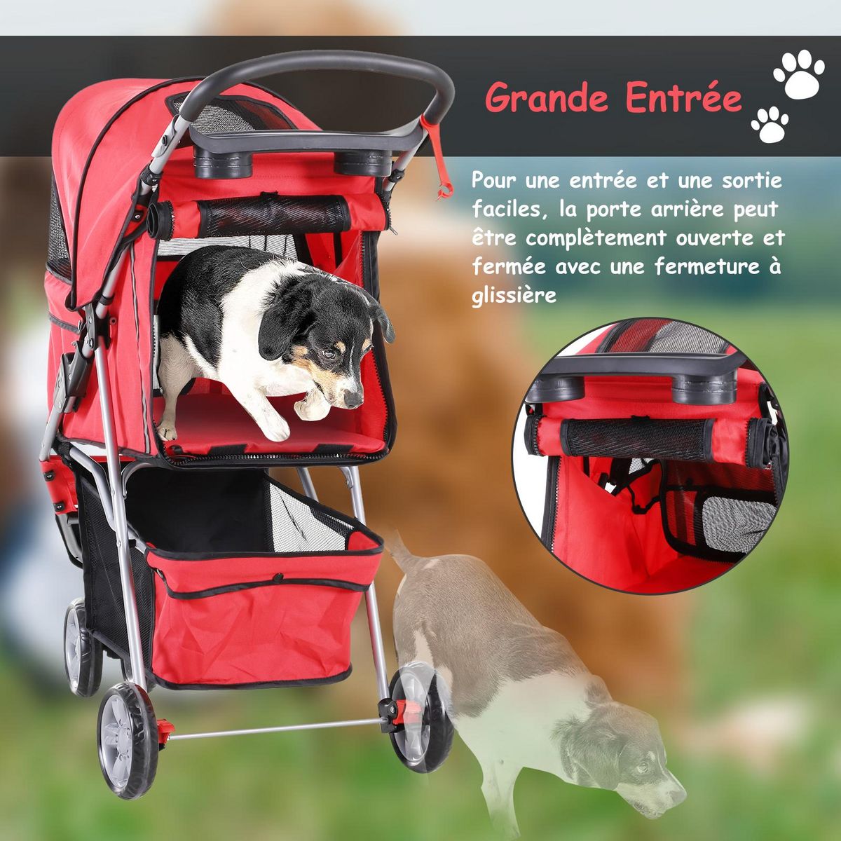 PAWHUT Poussette buggy pour chien chat animaux roue avant pivotante 360 degrés rouge