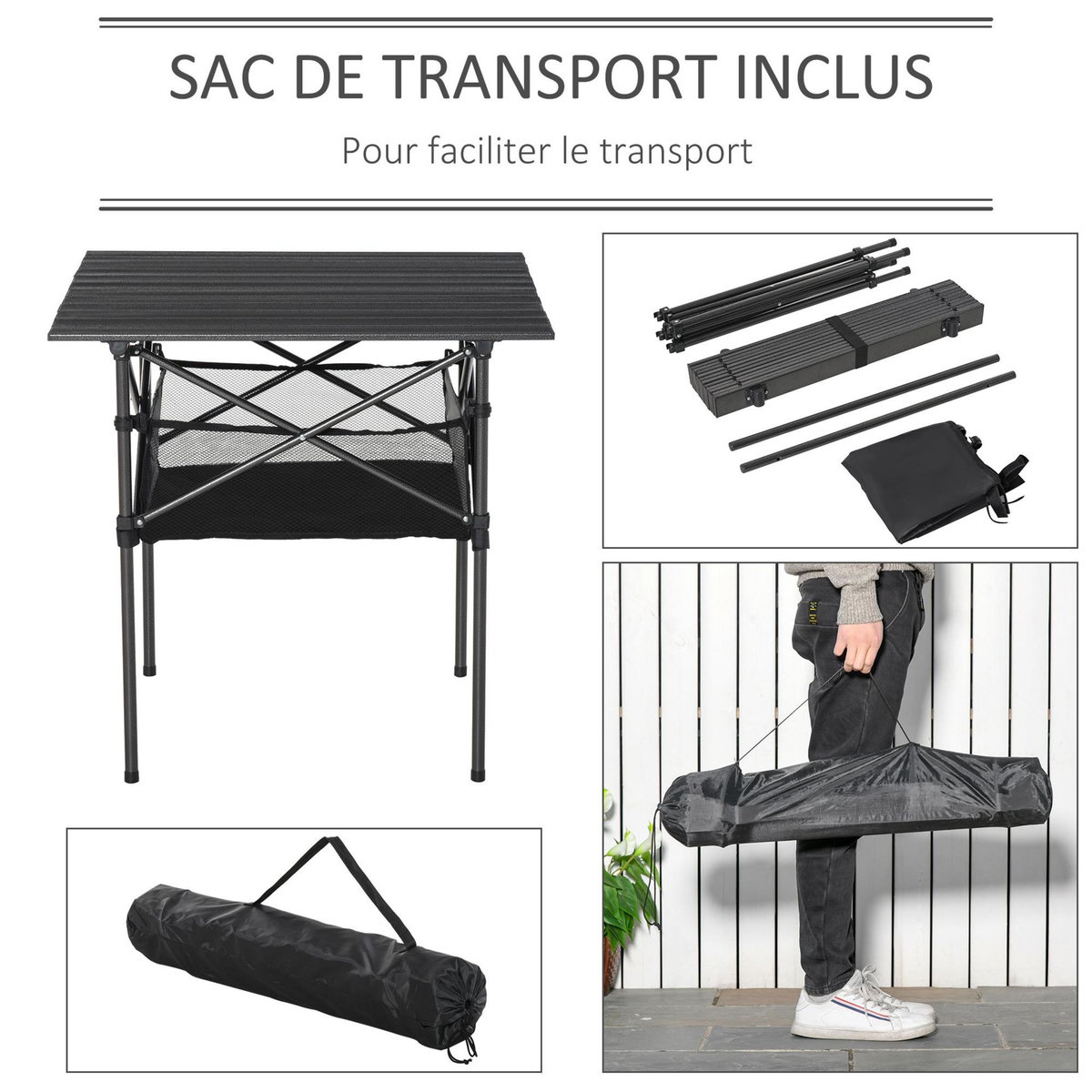 OUTSUNNY Table pliante table de camping table de jardin filet rangement + sac transport plateau alu. châssis métal époxy noir