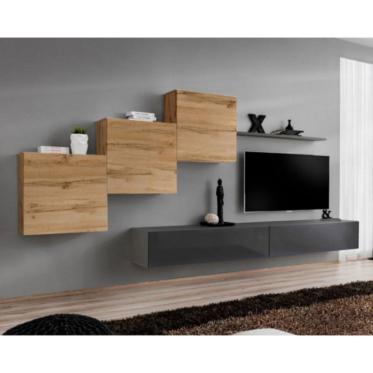 Paris Prix Meuble TV Mural Design  Switch X  330cm Naturel & Gris