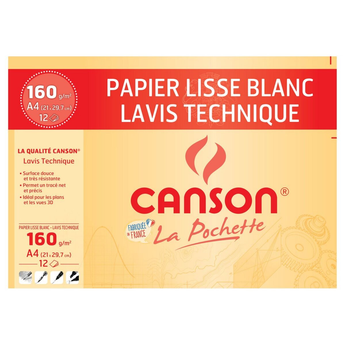 CANSON Pochette papier à dessin technique blanc 12 feuilles A4 lisse 160g/m2