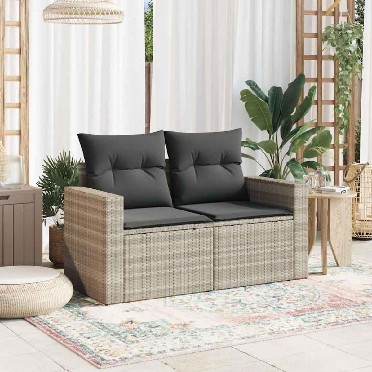 VIDAXL Canape de jardin 2 places et coussins gris clair resine tressee