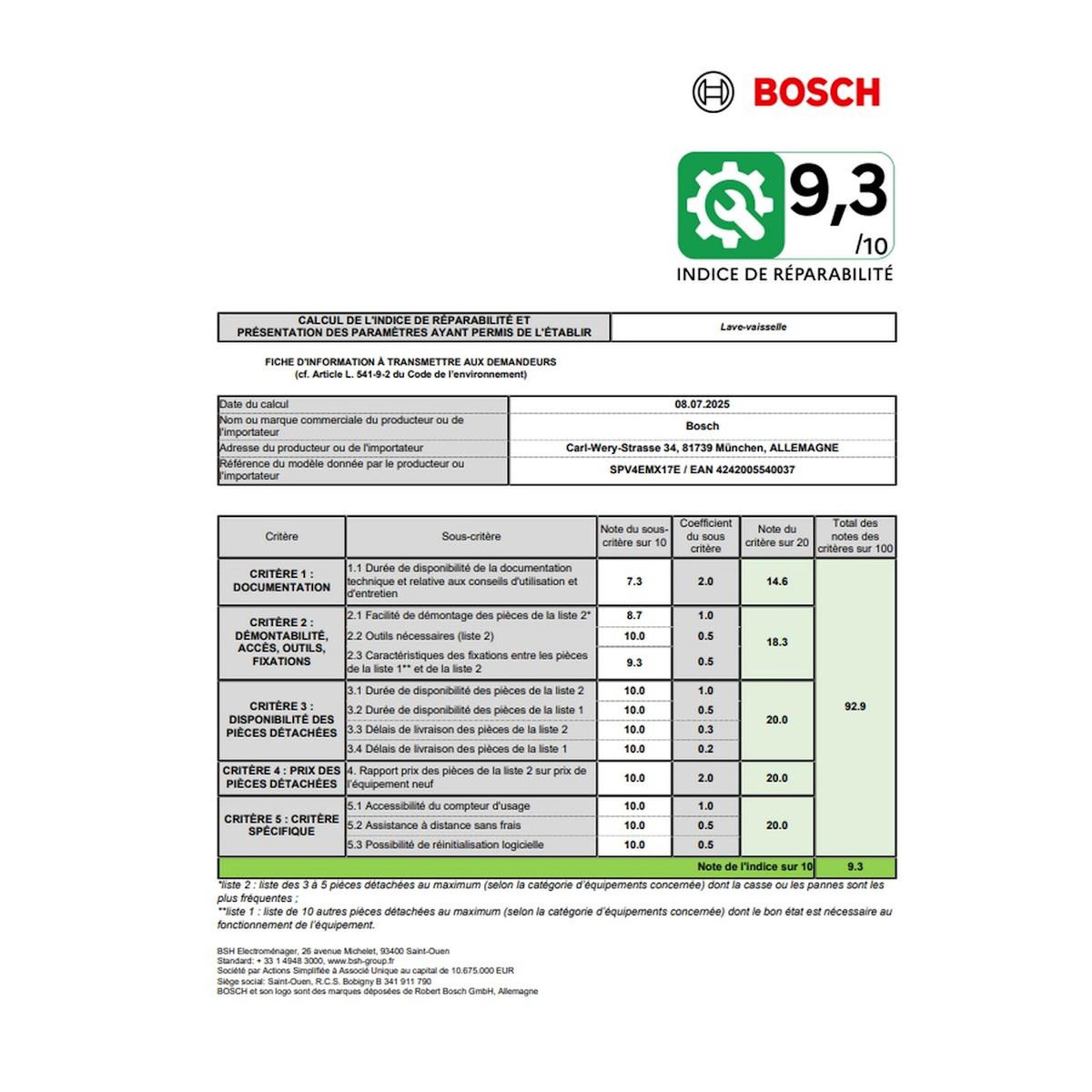 BOSCH Lave-vaisselle 45cm 10 couverts 44db tout intégrable - SPV4EMX17E