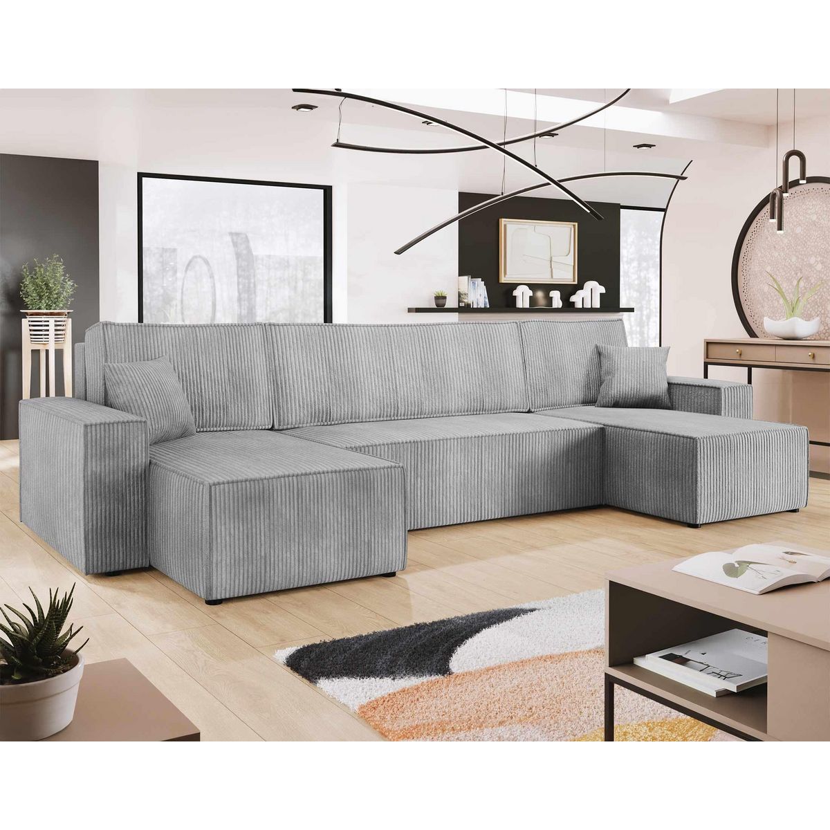 BEST MOBILIER Cezanne - canapé panoramique en u - 7 places - convertible avec coffre - en velours côtelé