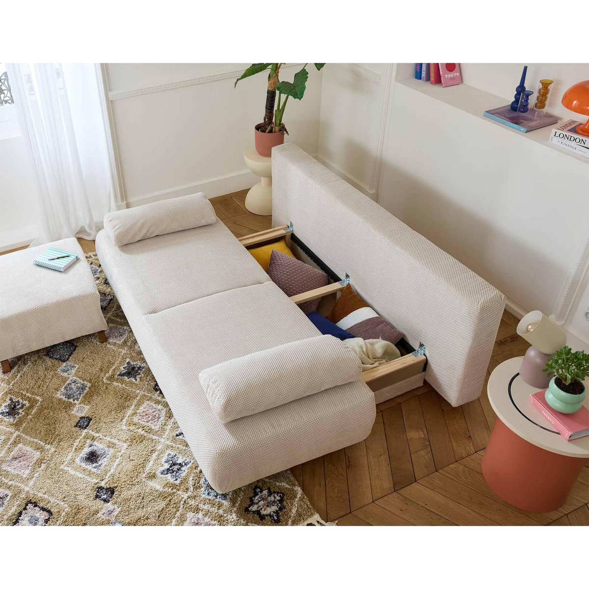 BEST MOBILIER Cristal - canapé 3 places - convertible avec coffre et pouf - en velours texturé