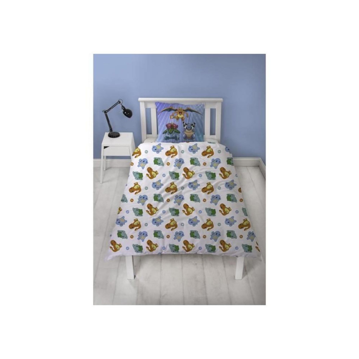 Pokemon Parure de lit réversible - POKEMON - Pikachu et Starter - Bleu - Microfibre - 1 housse de couette 140 x 200 cm + 1 taie 63 x 63