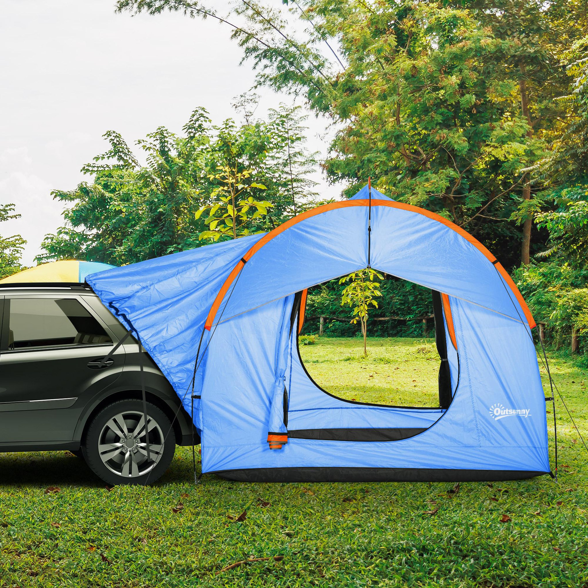 Voir la diapositive 2 : OUTSUNNY Tente arrière hayon véhicule 4 personnes - auvent pour voiture 3 portes et fenêtre en maille - bleu