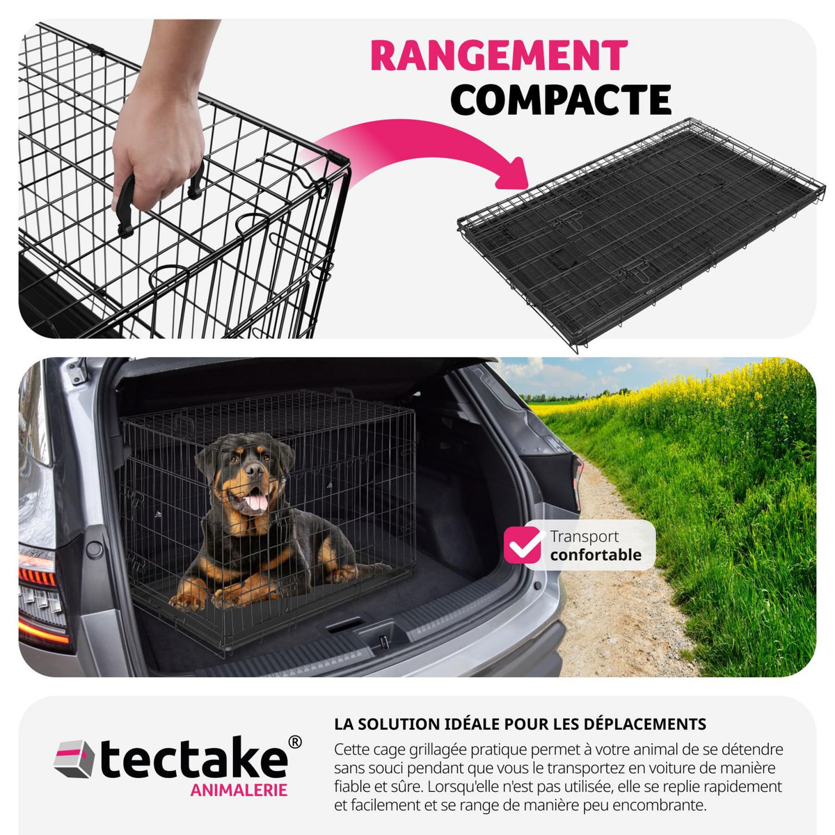 tectake Caisse grillagée pour chien pliable avec 2 poignées de transport noir