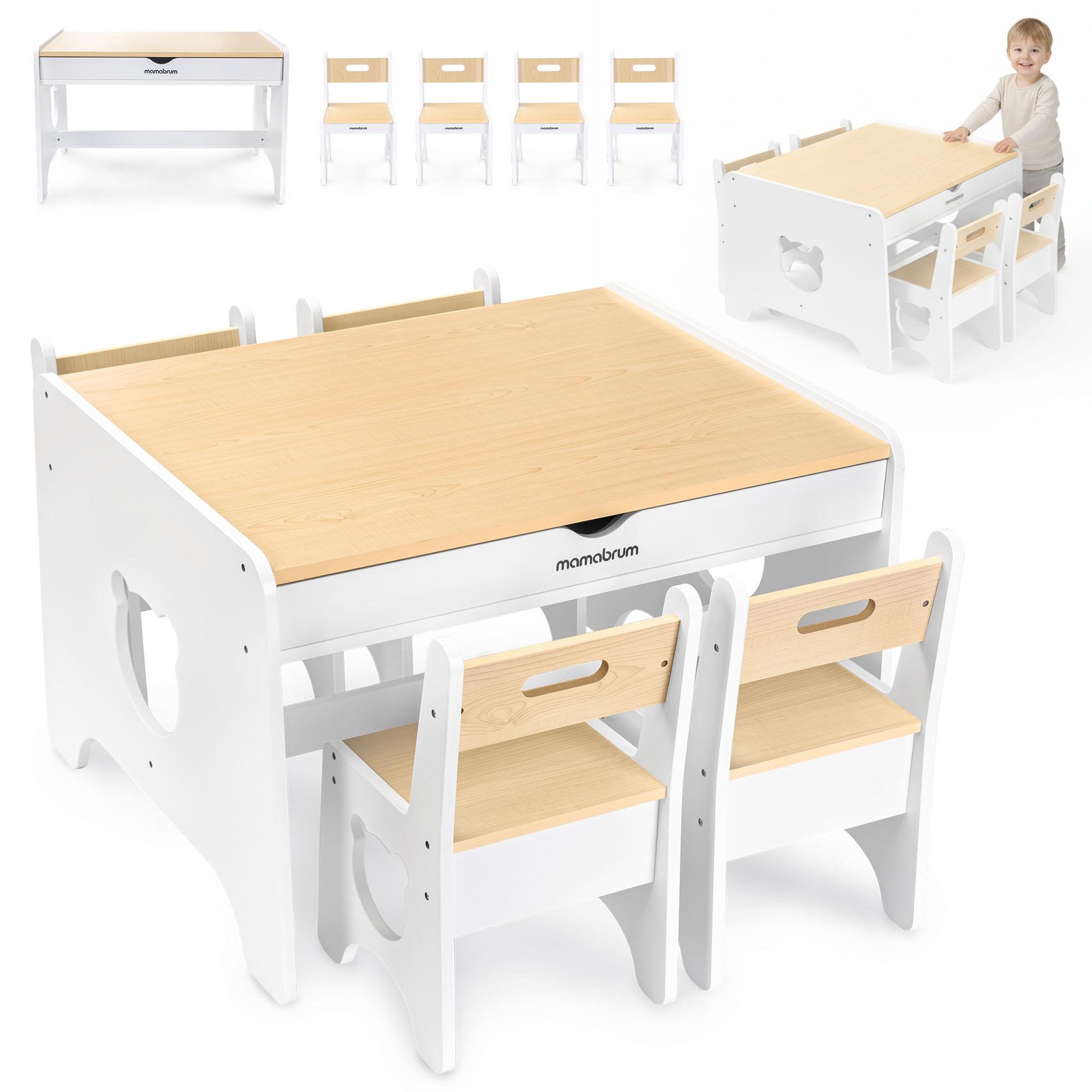 MAMABRUM Ensemble table et 4 chaises Mamabrum blanc et bois avec tiroirs et motifs oursons