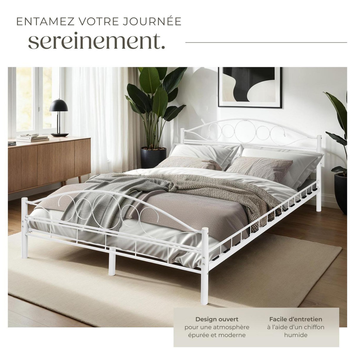 tectake Lit design moderne avec sommier avec Cadre en Acier solide blanc/blanc
