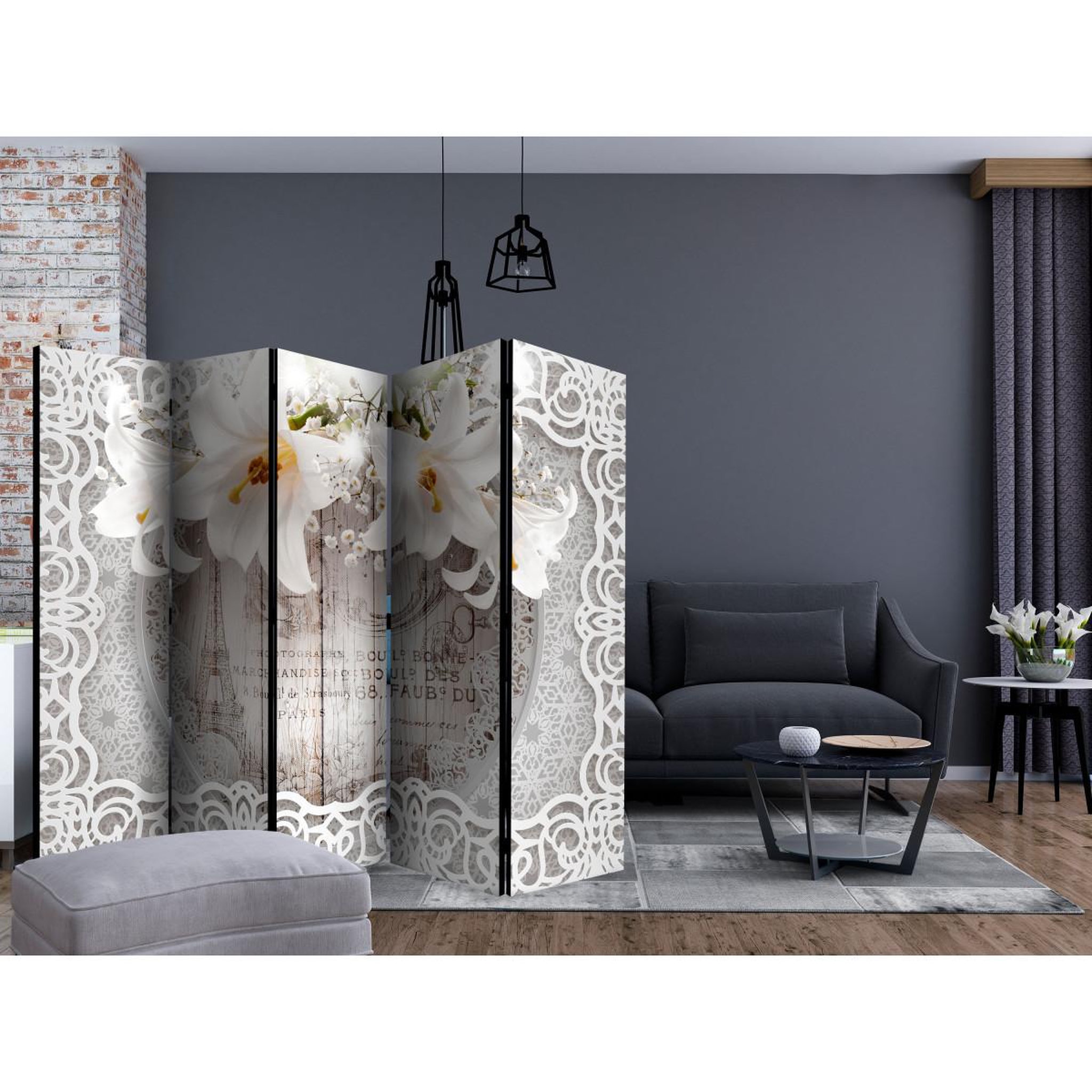 Voir la diapositive 2 : Paris Prix Paravent 5 volets  lilies & quilted background  172x225cm