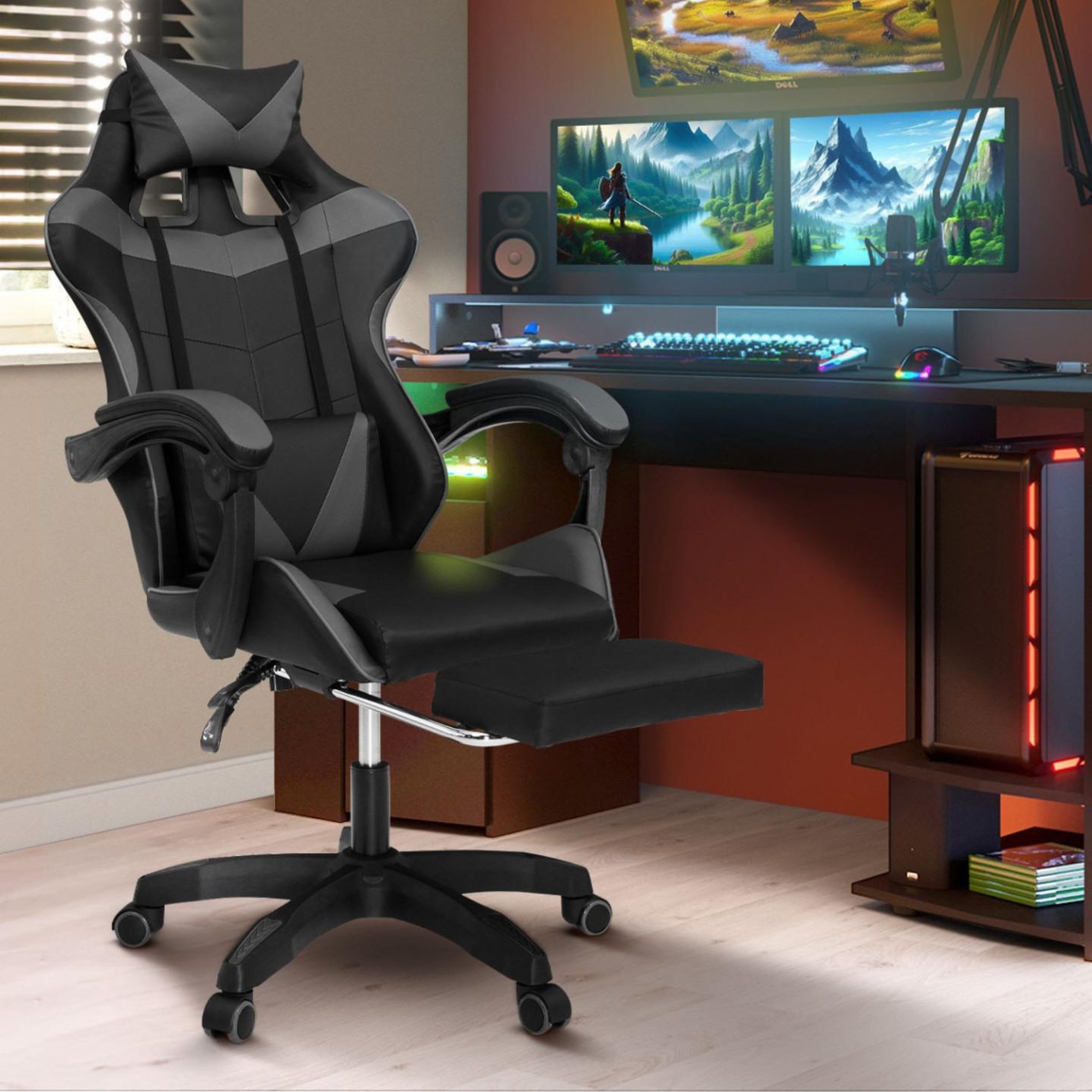 Voir la diapositive 2 : ID MARKET Fauteuil de gaming alex réglable avec repose-pied, coussin de tête et coussin lombaire noir et gris
