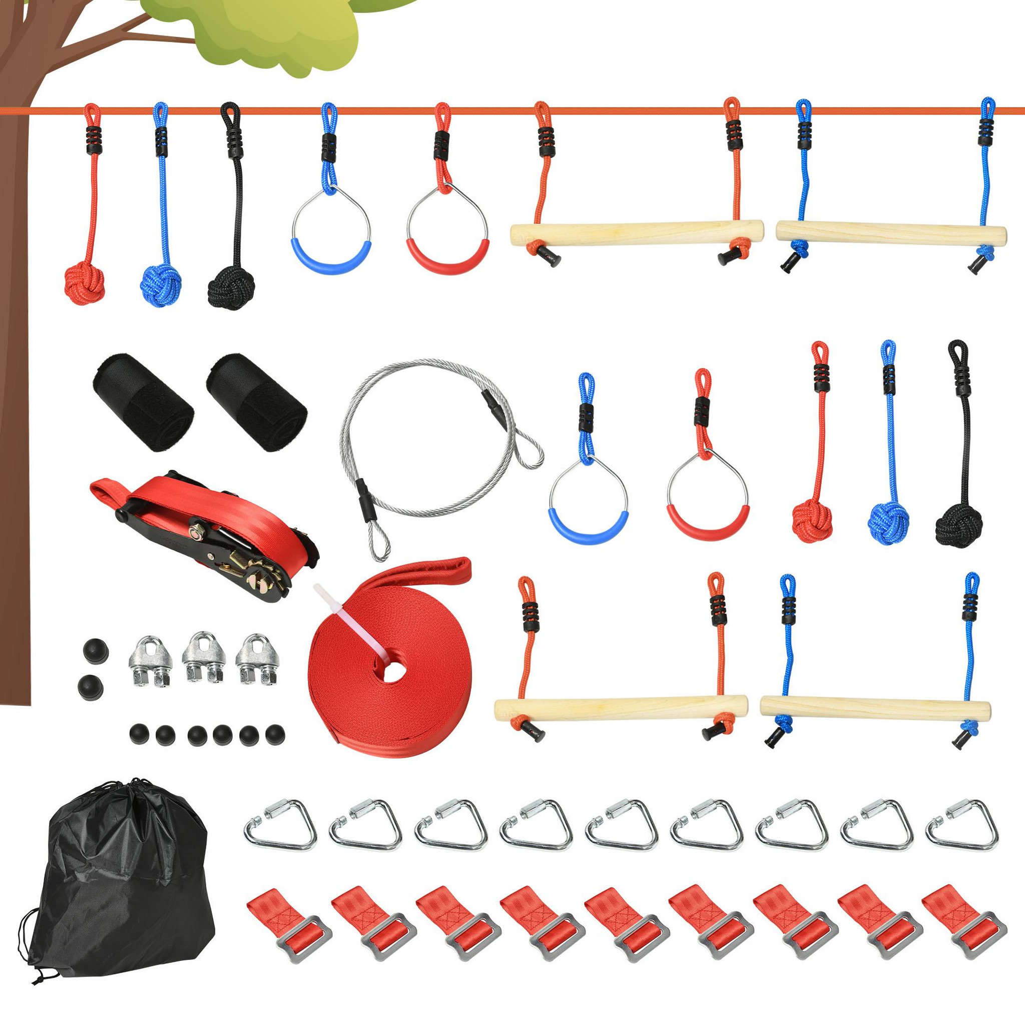 Voir la diapositive 1 : OUTSUNNY Parcours d'obstacles ninja enfant - 30 accessoires, 10 m de slackline - sac de transport - bleu rouge