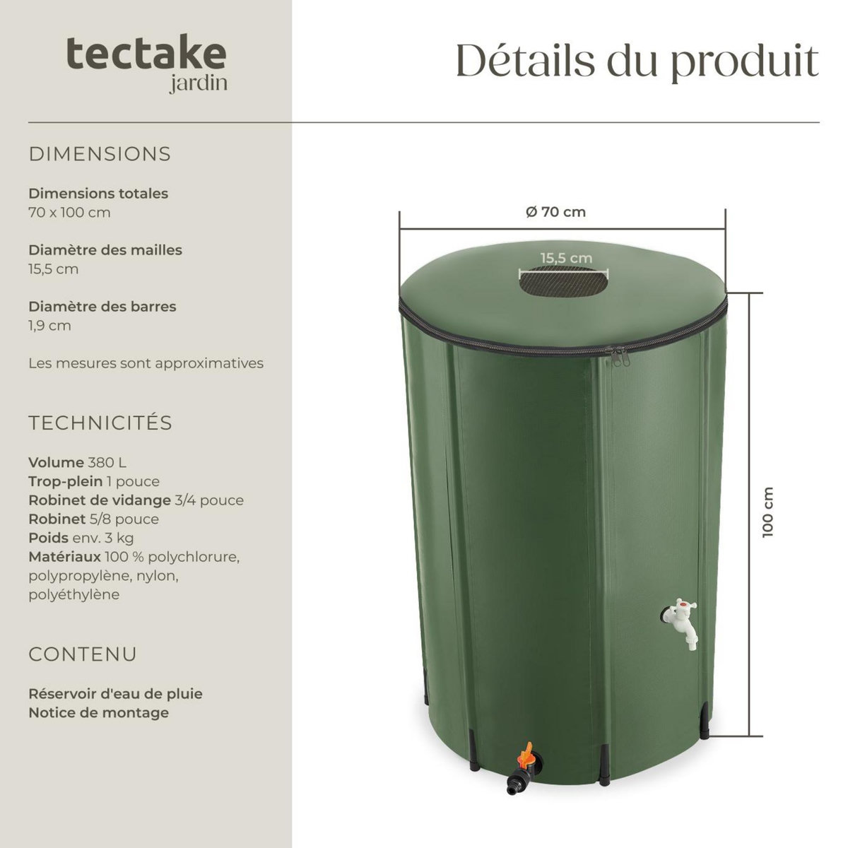 tectake Tonneau récupérateur d'eau de pluie avec robinet et protection anti-débordement vert 380 L