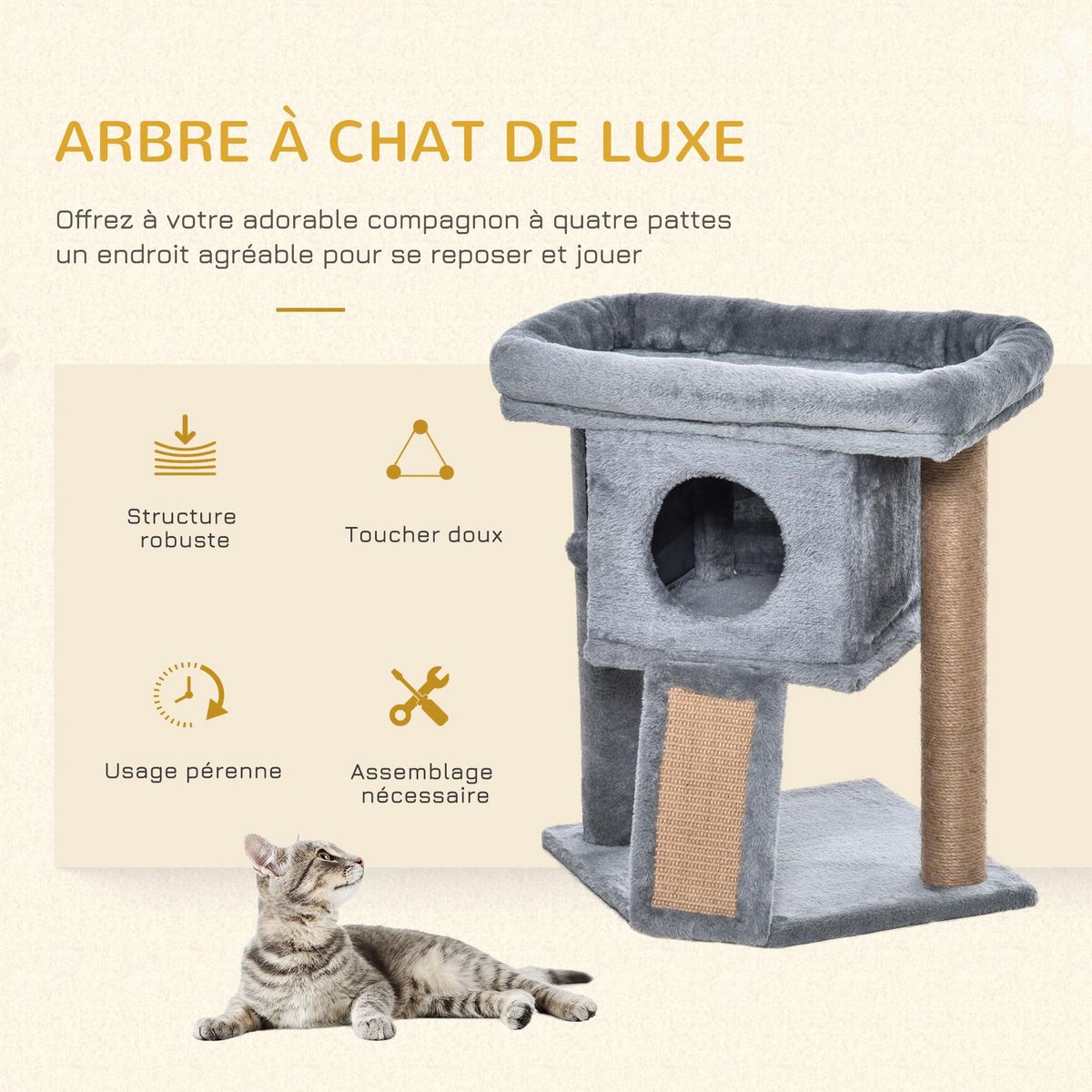 PAWHUT Arbre à chat grattoir griffoir niche panier d'observation boule peluche gris