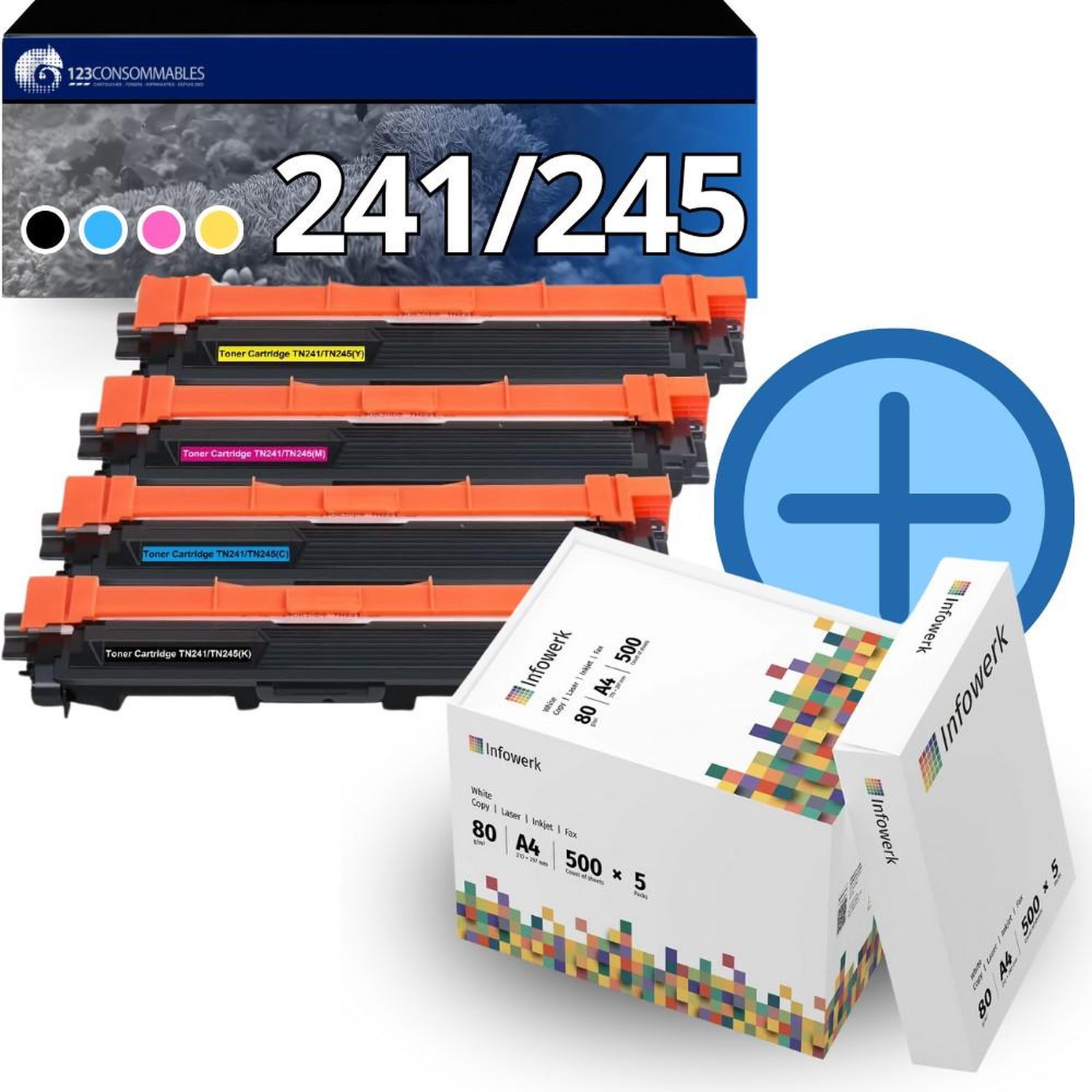 Pack 4 Toners compatible BROTHER TN 241TN 245 + 5 ramettes de papier A4 Neuf - vue 2