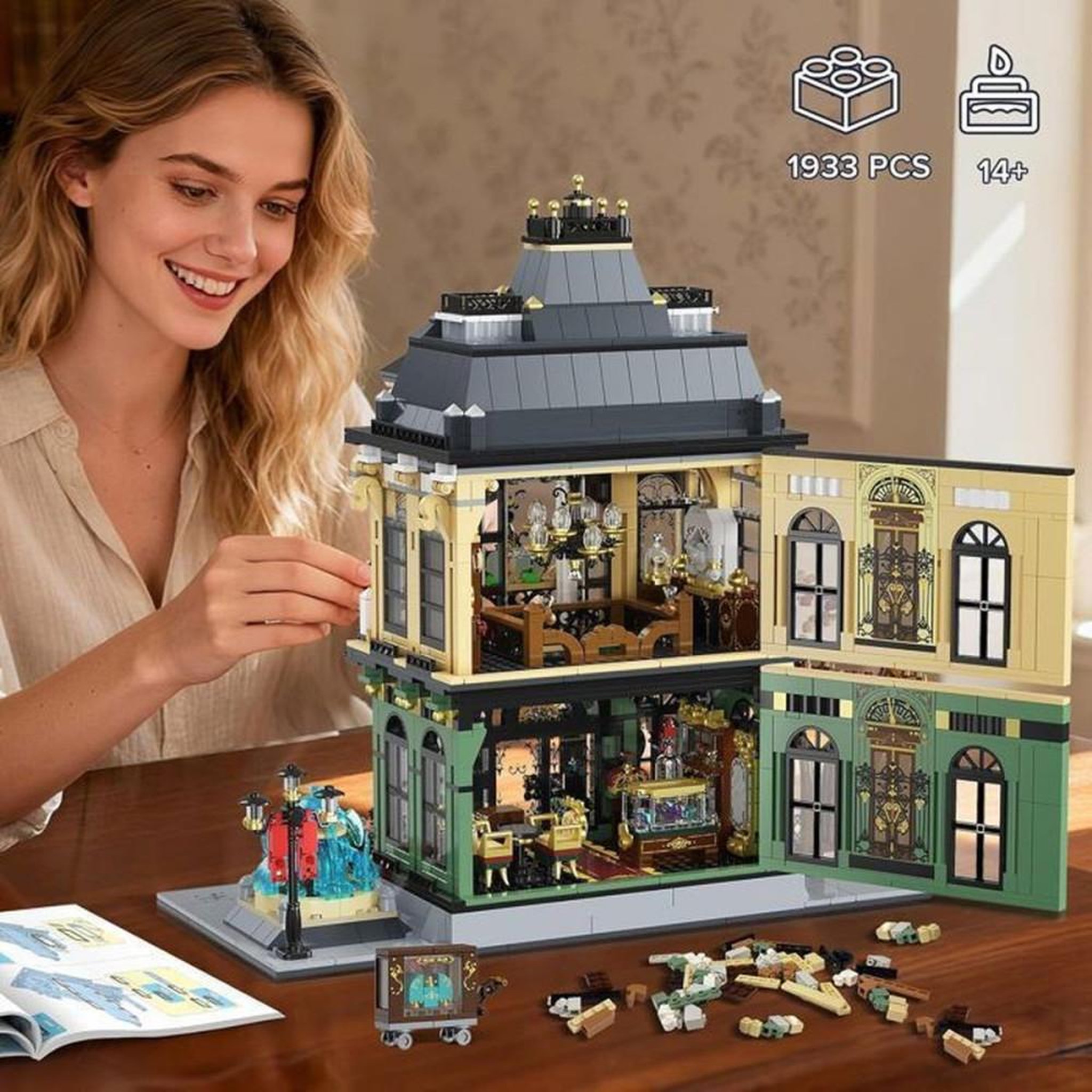 Voir la diapositive 4 : Jeu de construction modulaire Magasin de bijoux, maison urbaine à 2 étages avec LED intégrées, 1933 pièces, style européen baroque