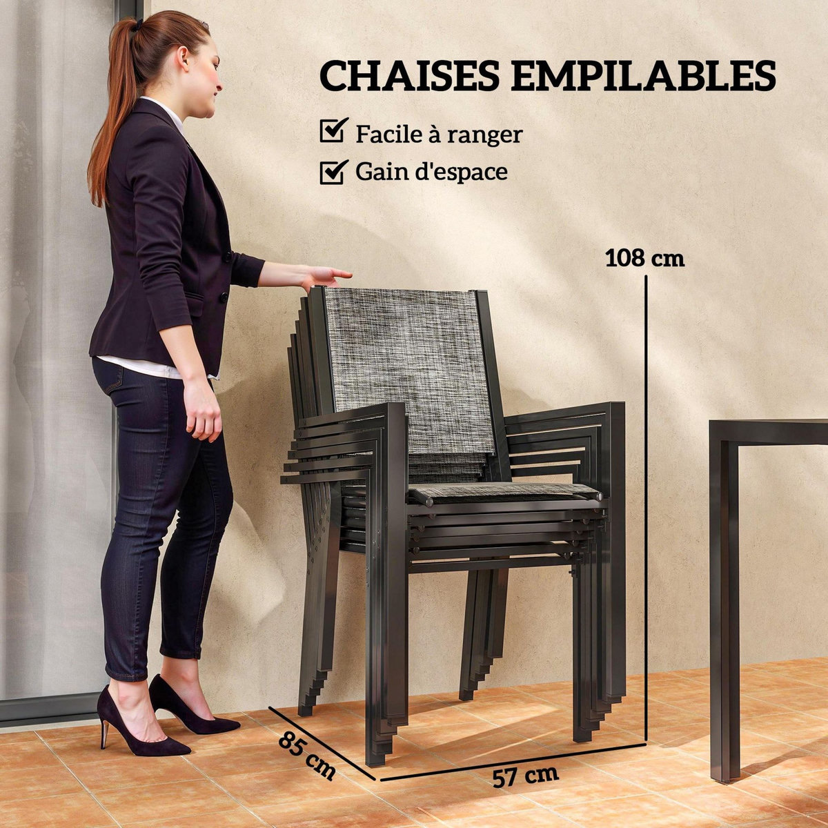 OUTSUNNY Ensemble salon de jardin 6 places 7 pièces - chaises empilables, plateau à lattes effet bois acier textilène noir chiné