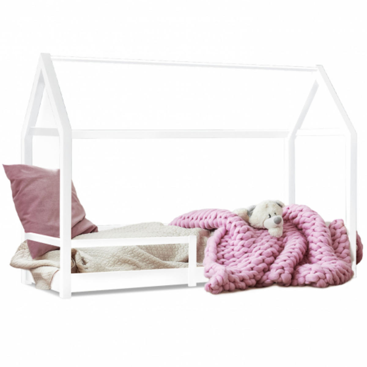 ID MARKET Lit cabane enfant 90 x 190 cm NESSI blanc avec sommier et barrières