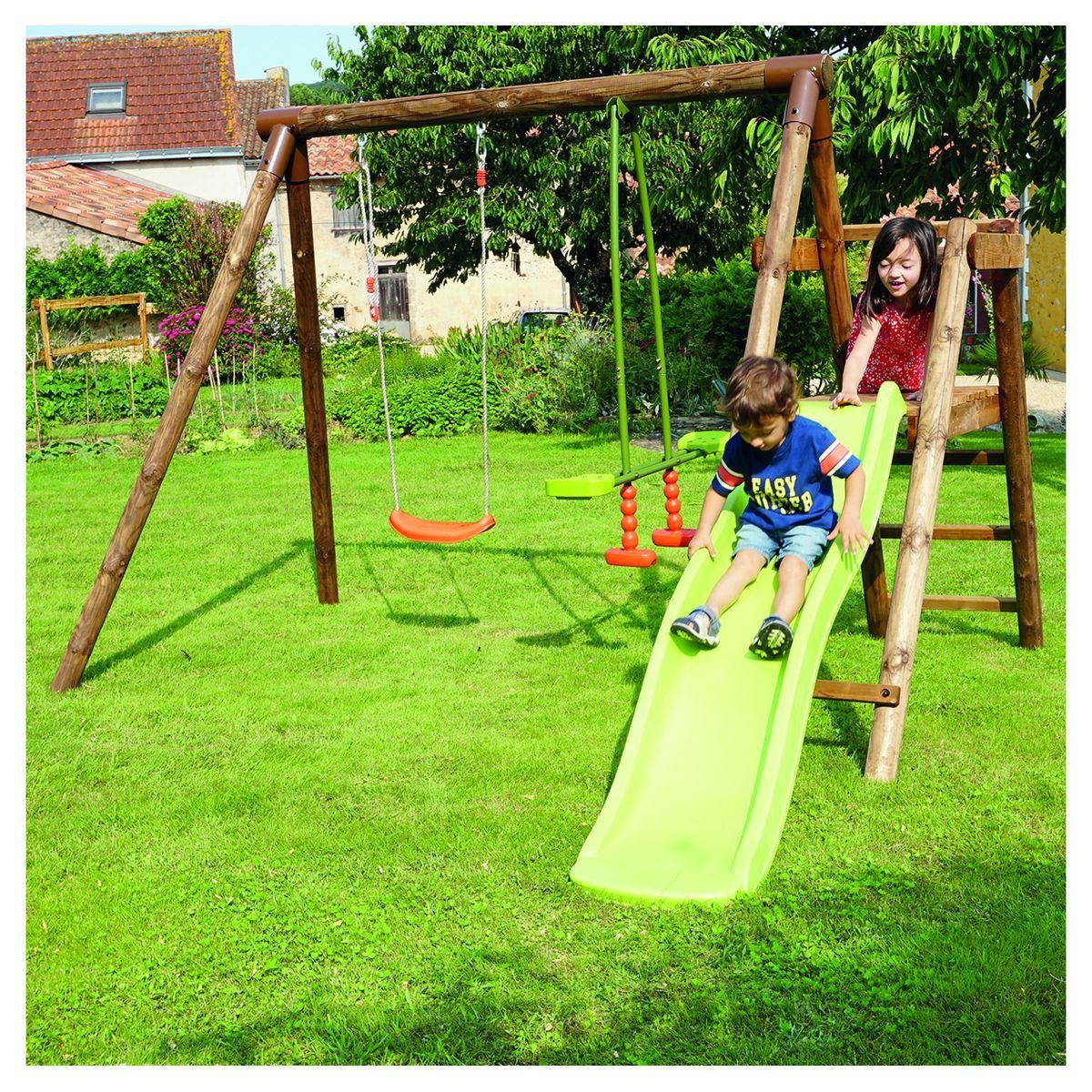 Soulet Portique balançoire avec toboggan - Bois - H1,95m - MENTHE