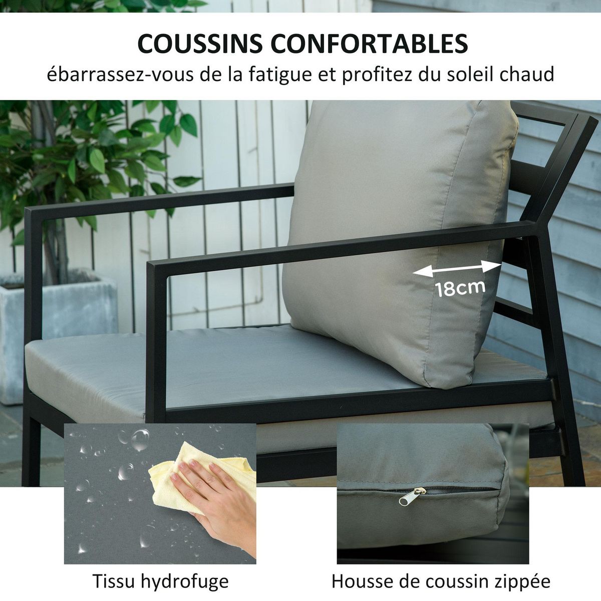 OUTSUNNY Ensemble salon de jardin style yachting design contemporain 4 places 4 pièces avec coussins déhoussables polyester alu. gris