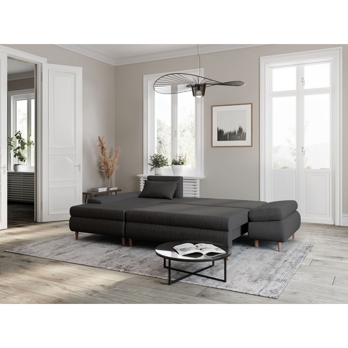 Canapé d'angle gauche convertible en tissu avec coffre 5 places NOA