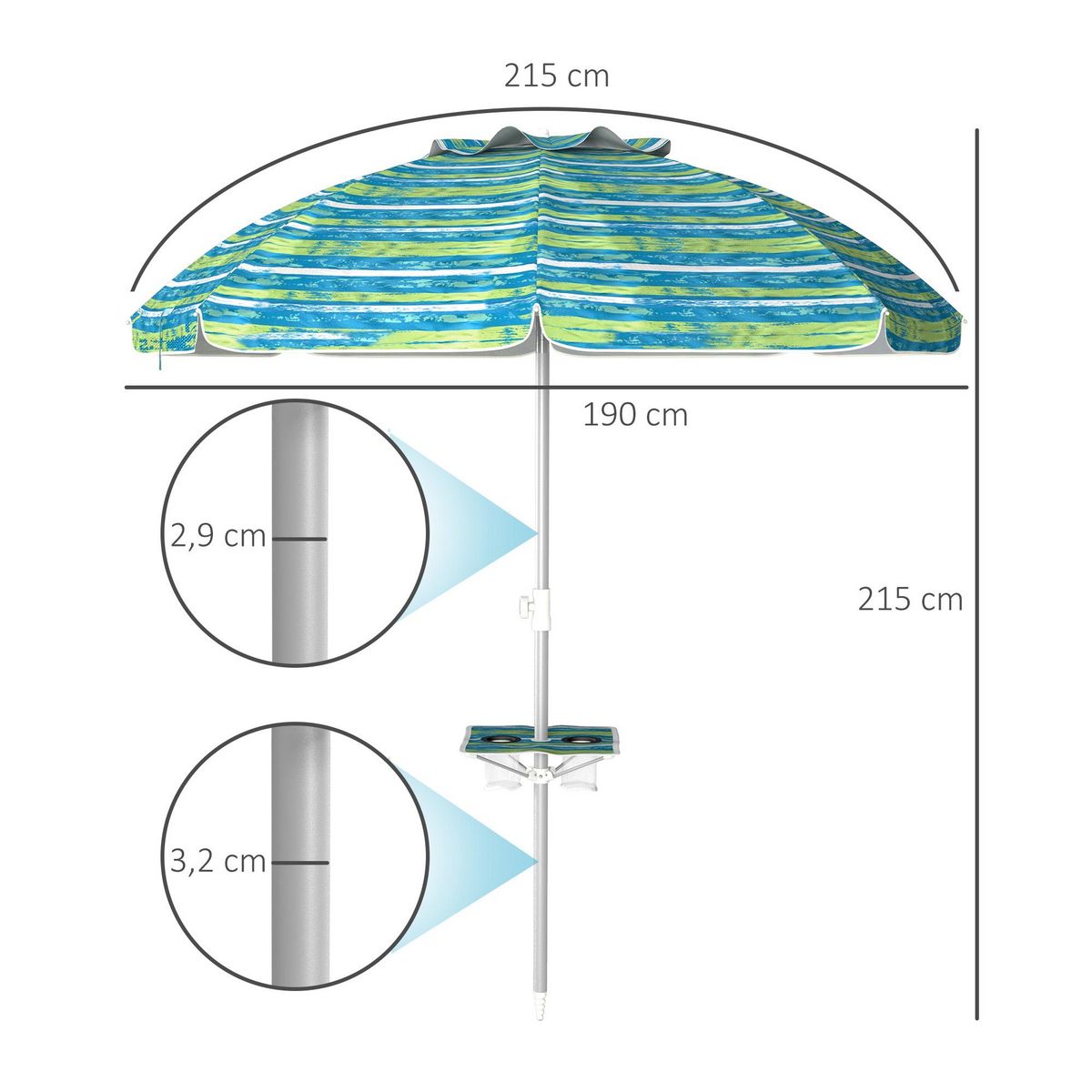 OUTSUNNY Parasol inclinable réglable de plage protection UV50+ Ø190 cm sac et porte-gobelets inclus