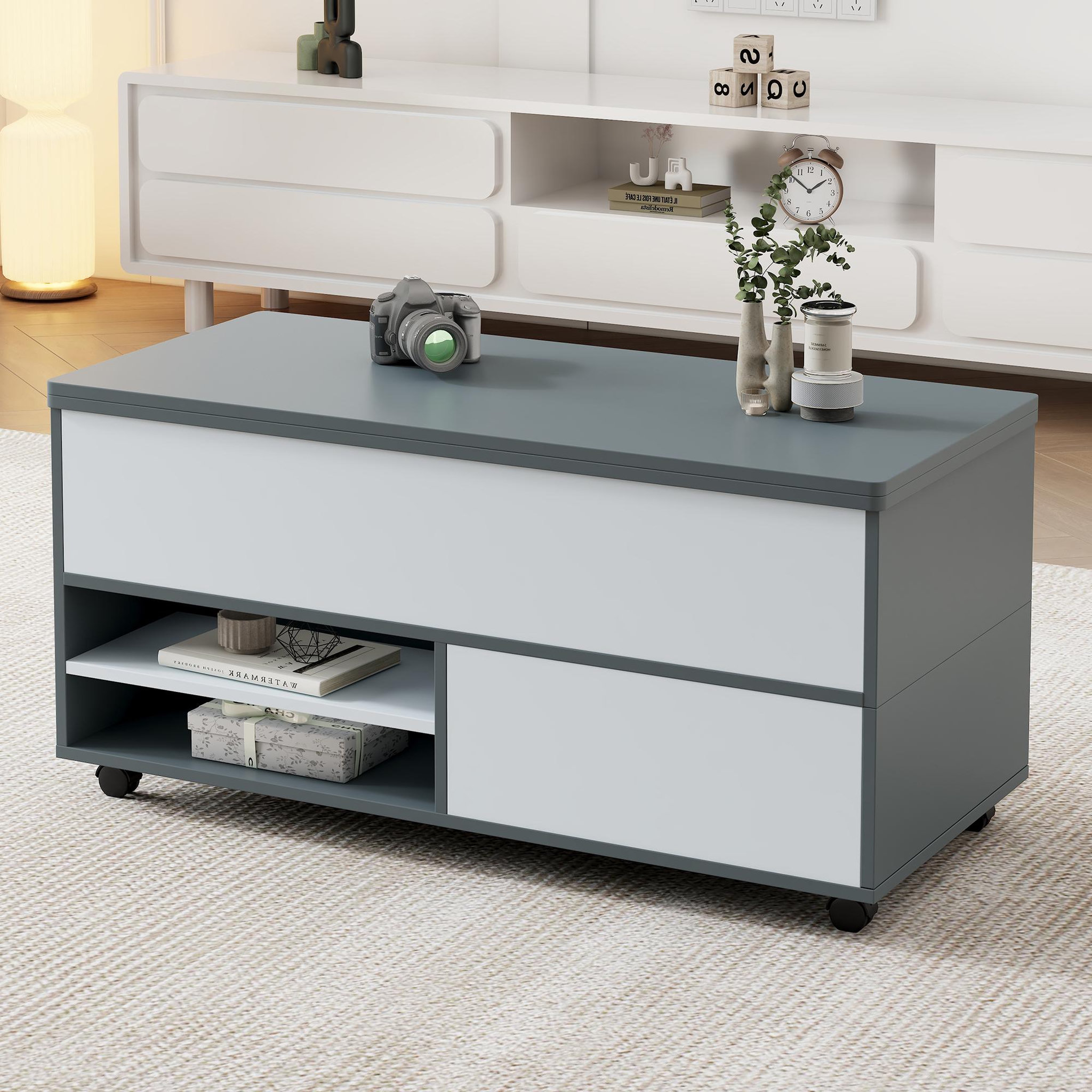 Voir la diapositive 4 : MERAX Table basse relevable rectangulaire gris - 98x100 cm panneau de particules