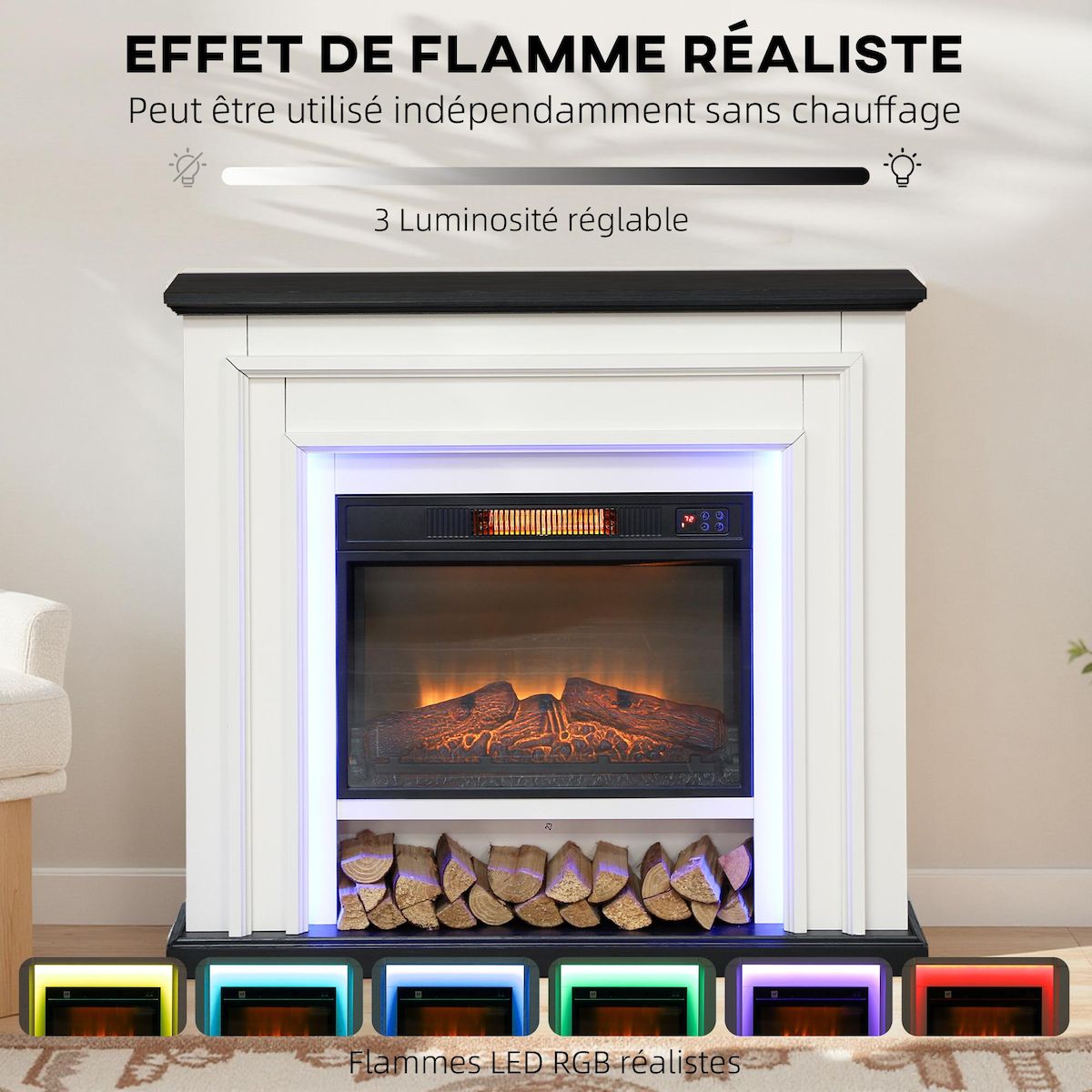 HOMCOM Cheminée électrique LED multicolore design classique grande taille 105 x 27 x 97 cm télécommande blanc noir