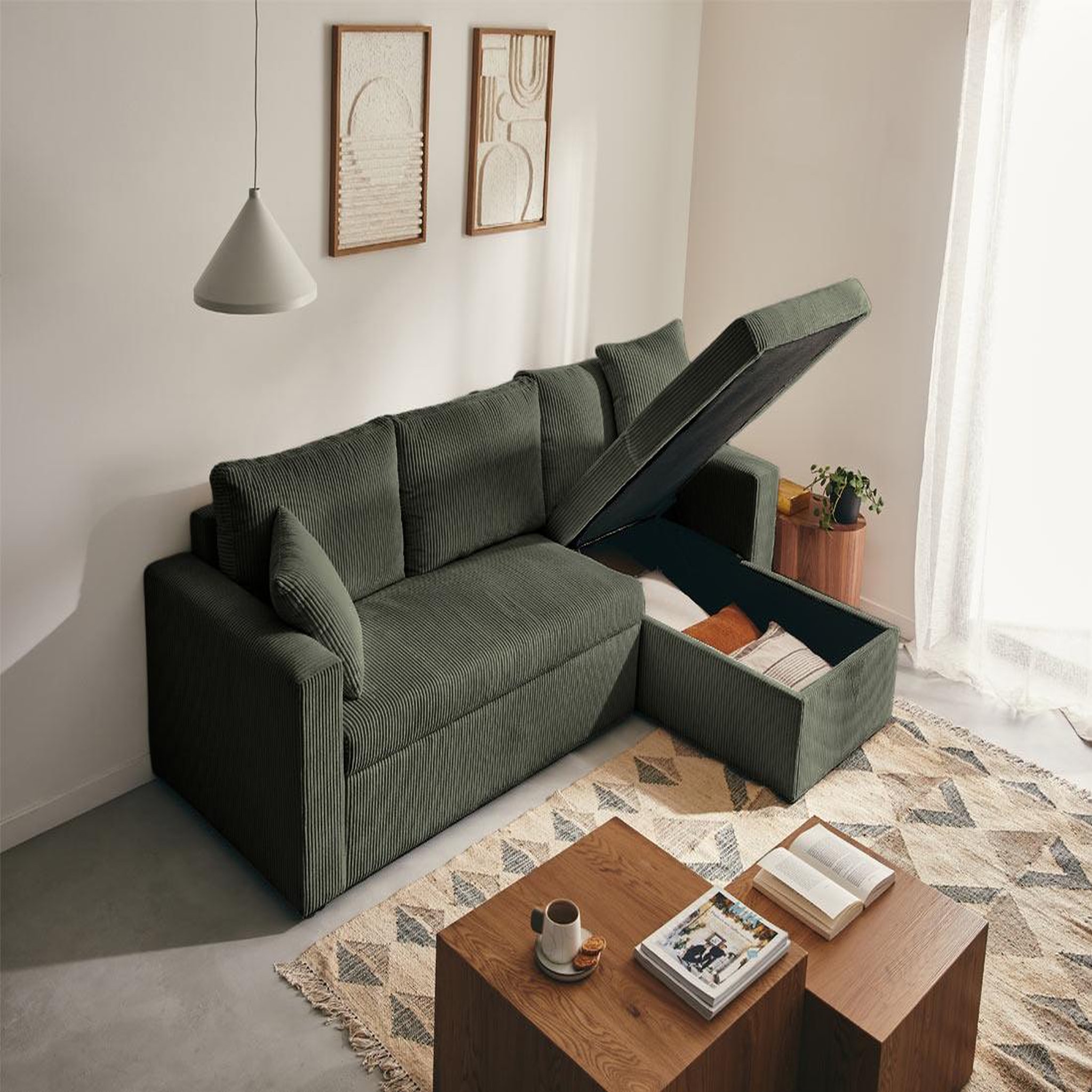 Voir la diapositive 2 : BEST MOBILIER Cyrus - canapé d'angle réversible 4 places - convertible avec coffre - en velours côtelé