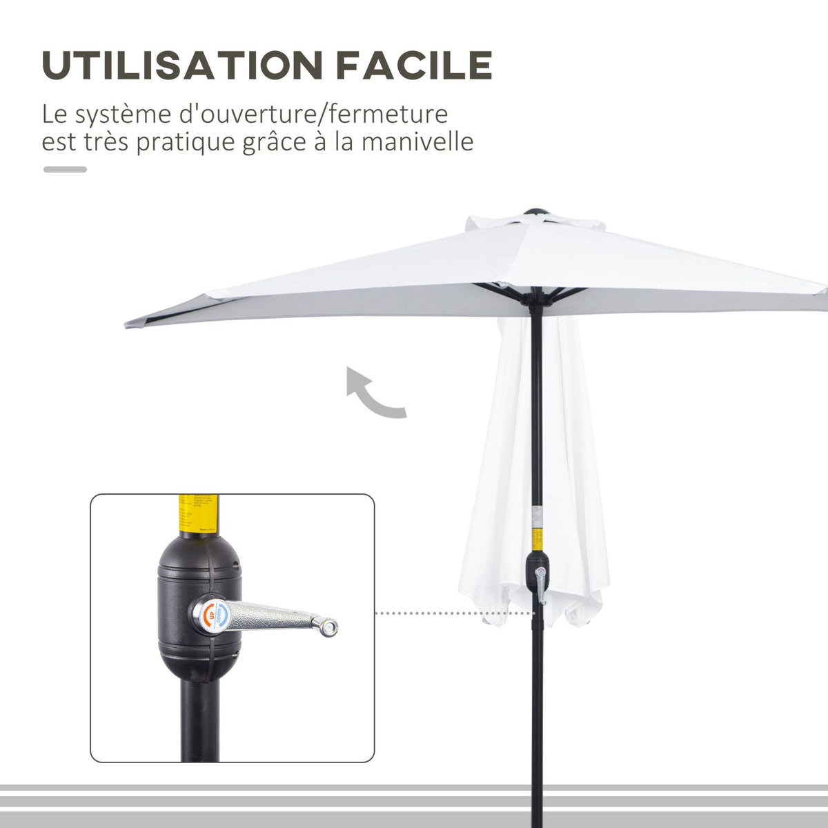 OUTSUNNY Demi parasol - parasol de balcon - ouverture fermeture manivelle - acier polyester haute densité blanc