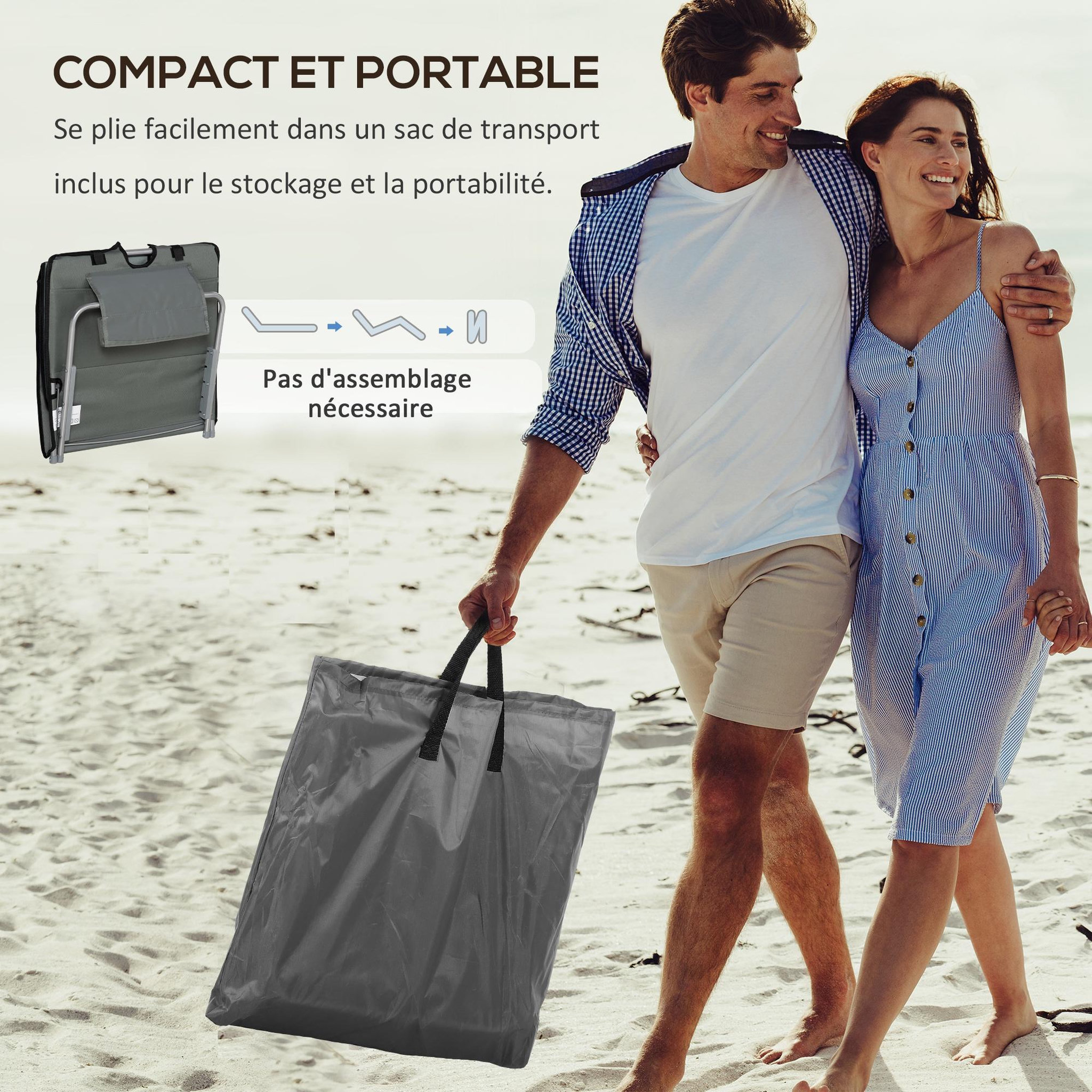 Voir la diapositive 5 : OUTSUNNY Lot de 2 tapis de plage rembourrés - dossier inclinable 5 positions - sac transport inclus - acier polyester gris