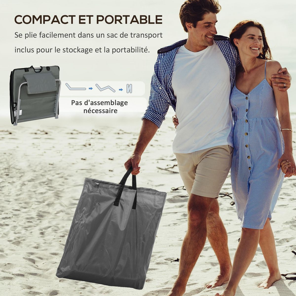 OUTSUNNY Lot de 2 tapis de plage rembourrés - dossier inclinable 5 positions - sac transport inclus - acier polyester gris