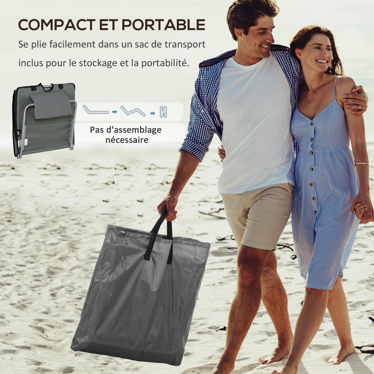 OUTSUNNY Lot de 2 tapis de plage rembourrés - dossier inclinable 5 positions - sac transport inclus - acier polyester gris