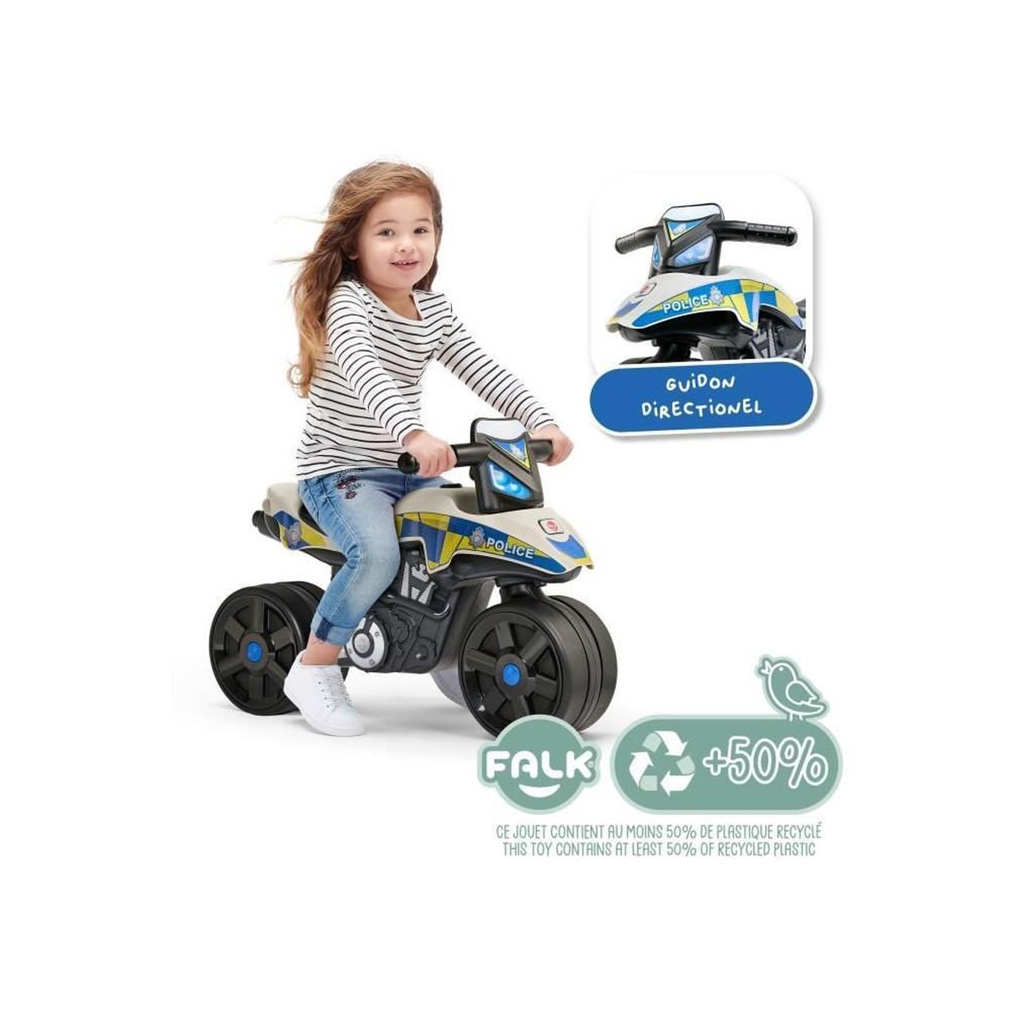 Voir la diapositive 2 : FALK Draisienne Moto Police - FALK - Larges roues et Guidon directionnel - Fabriqué en France - 40% de plastique recyclé - Des 2 an