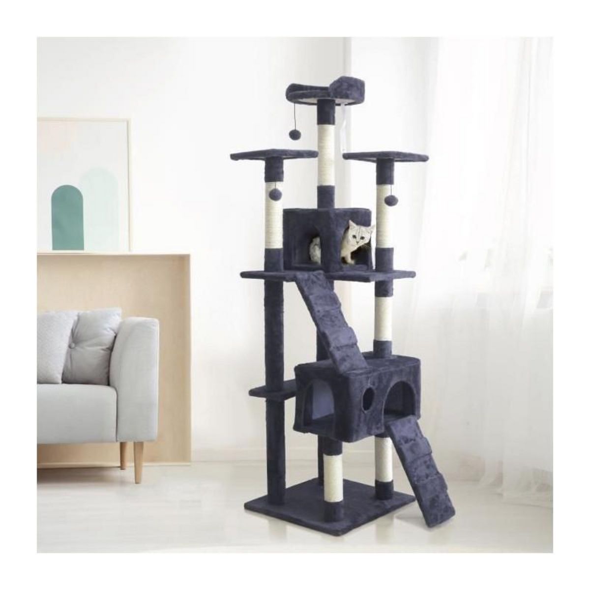 tectake BILLY Arbre a chat 170 cm - Griffoir + 2 Cabanes - Gris