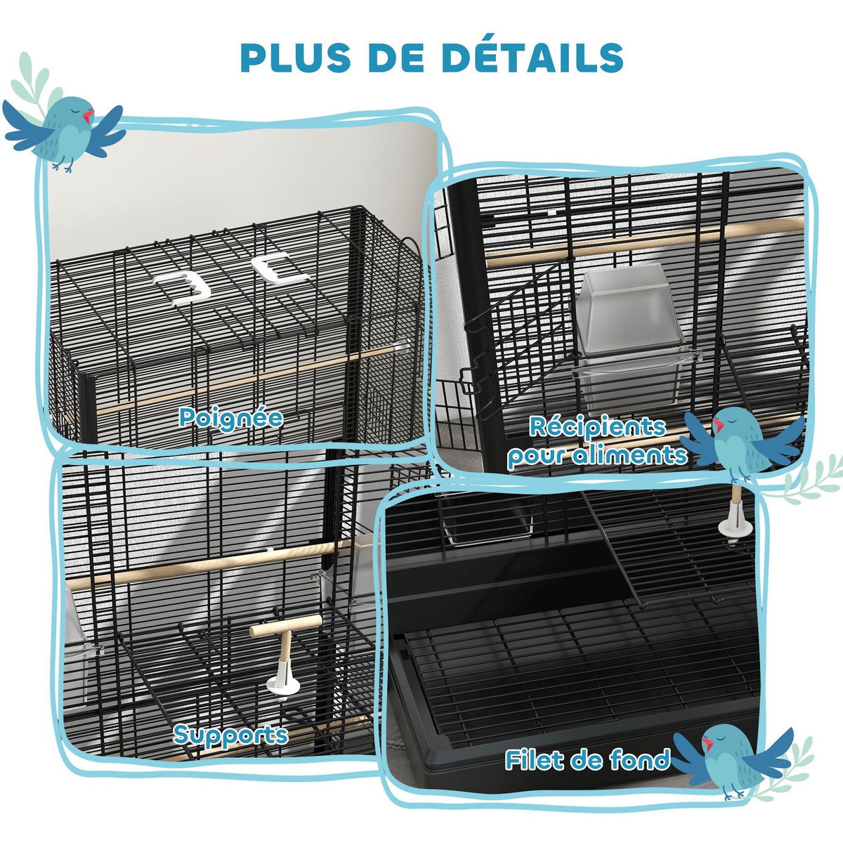 PAWHUT Cage à oiseaux volière avec portes perchoirs - 61 x 36,5 x 98 cm - acier