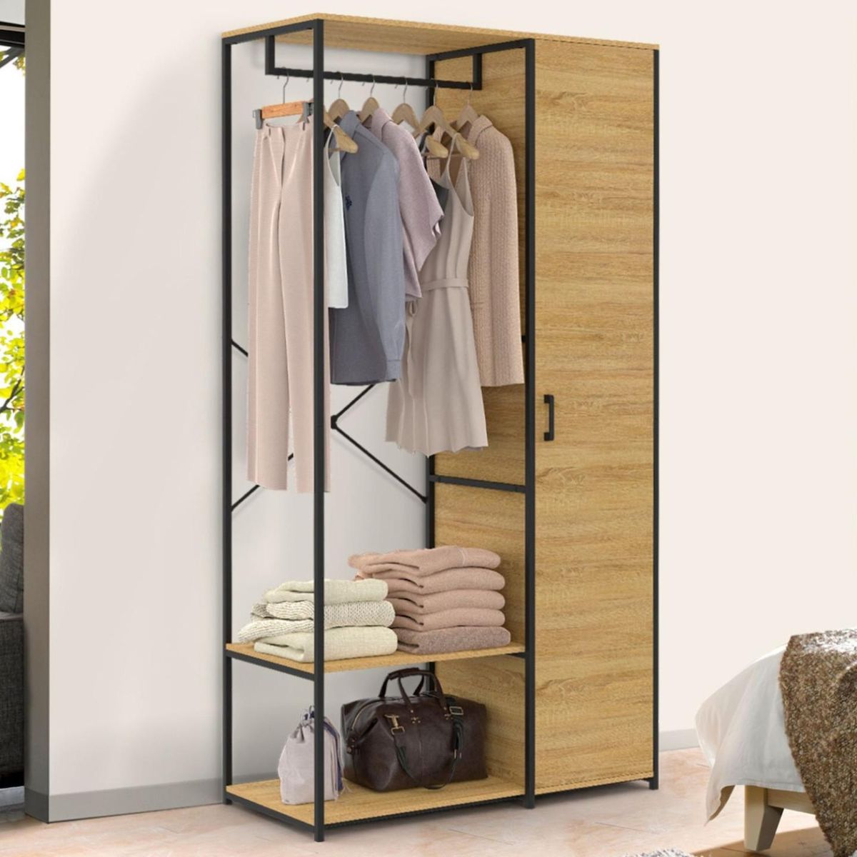 ID MARKET Dressing penderie étagères avec porte L. 90 cm DETROIT design industriel