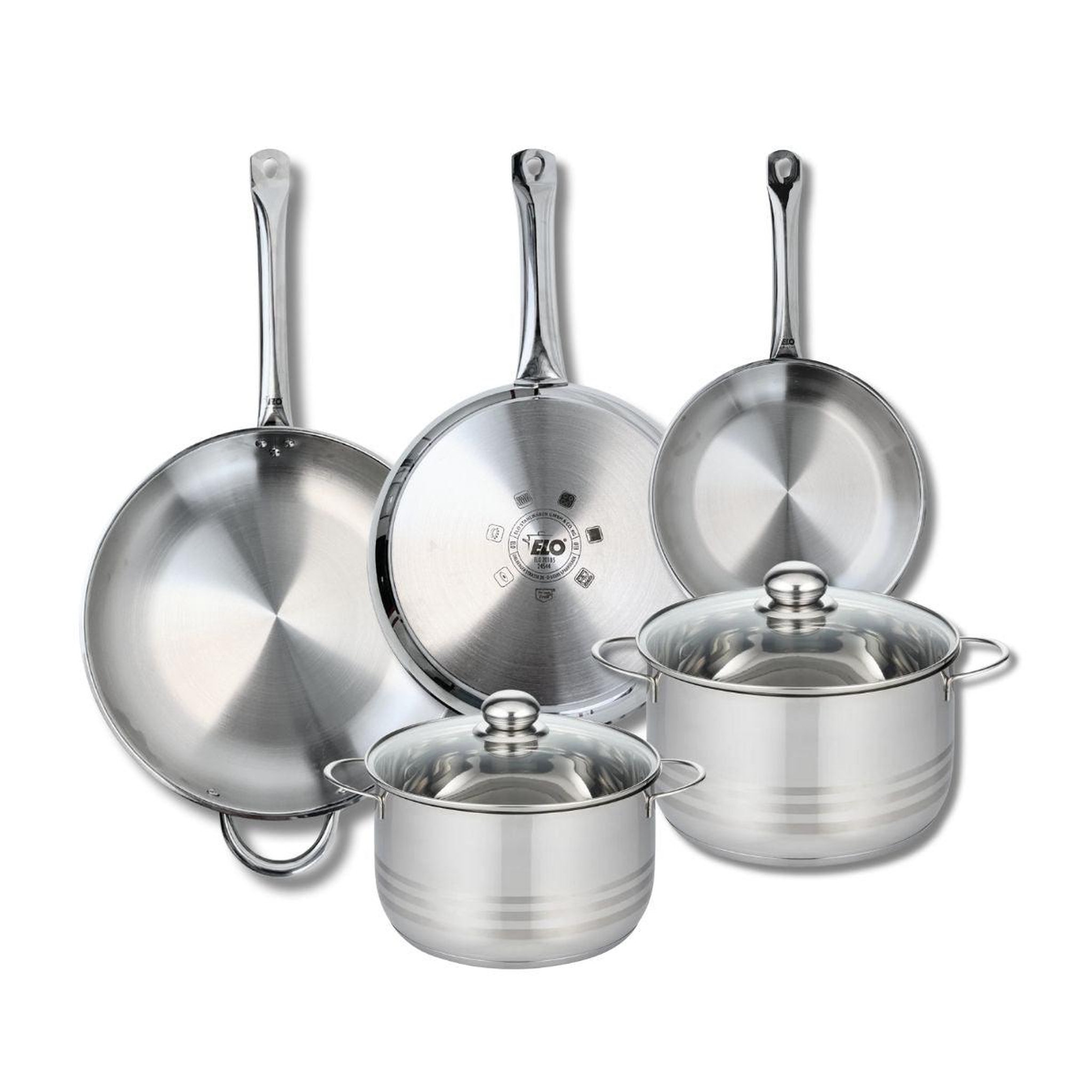 ELO Ensemble de 3 poêles de cuisson 24, 28 et 32 cm et 2 faitouts 20 et 24 cm elo profi brillant
