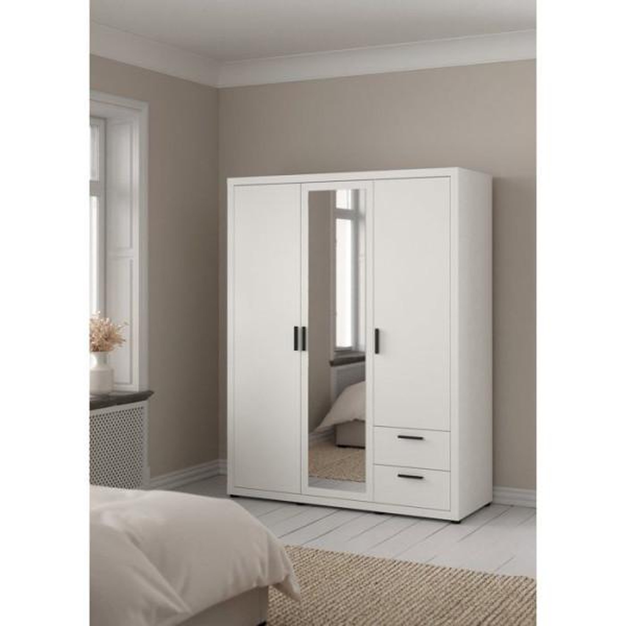 Voir la diapositive 2 : MARKET24 Armoire de chambre - mira - blanc mat - 3 portes dont 1 avec miroir - 2 tiroirs - 153,6 x 59,8 x 200,9 cm