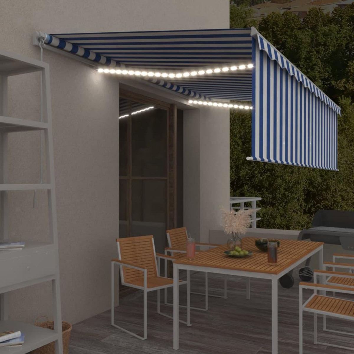 VIDAXL Auvent retractable manuel avec store et LED 5x3 m Bleu et blanc