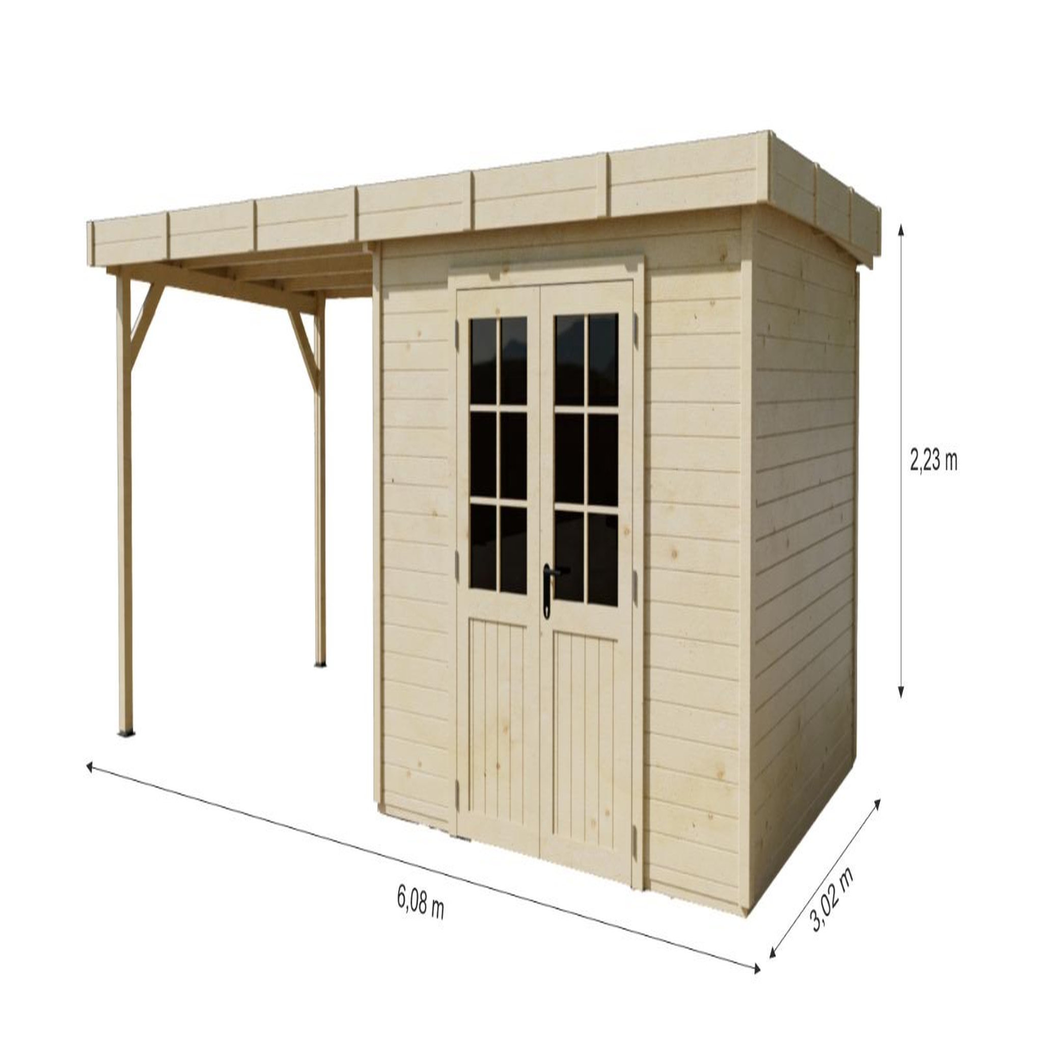 CENTRALE BRICO Abri de jardin bois massif avec terrasse 7,51 m² - madriers 28 mm - toit plat acier - double porte vitrée