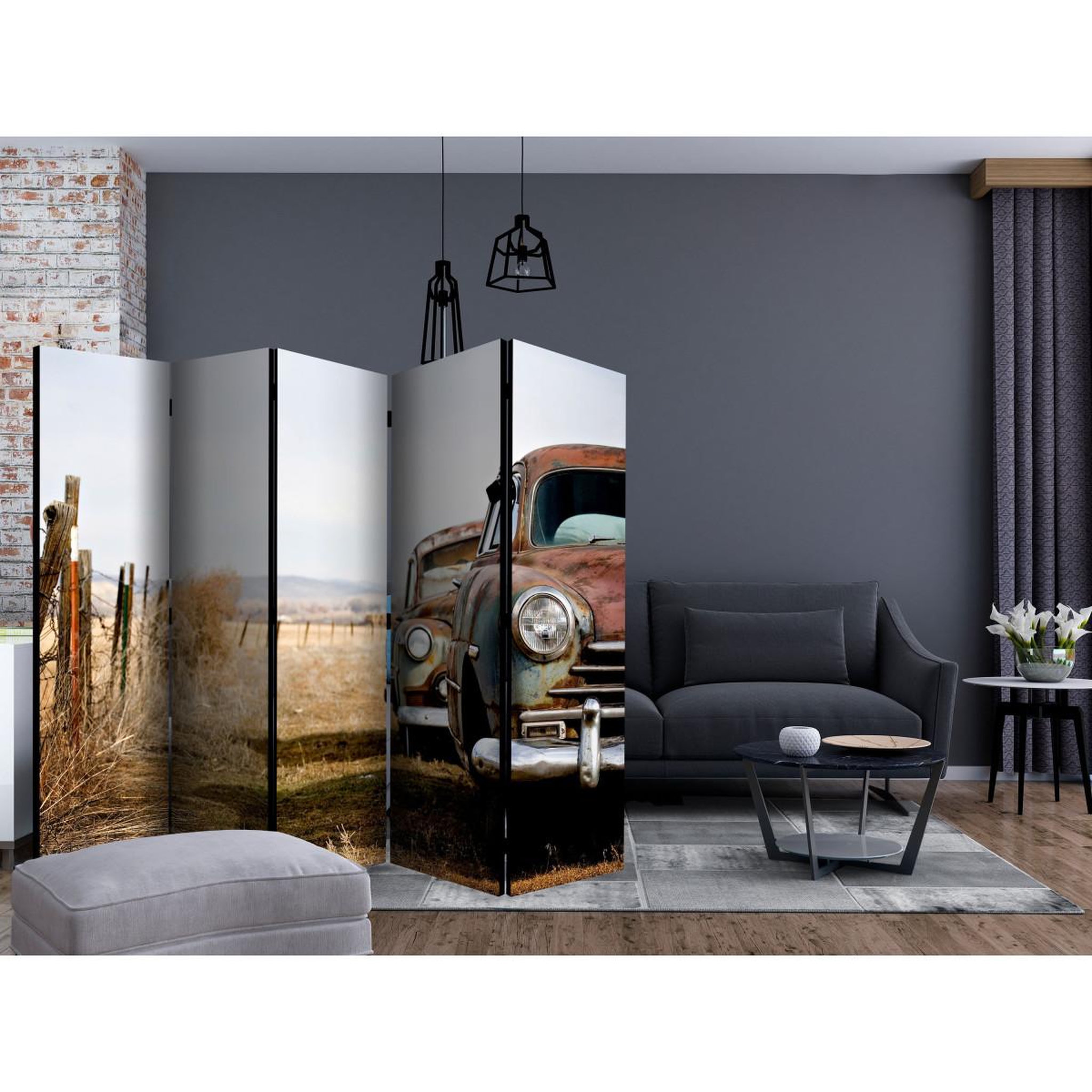 Voir la diapositive 2 : Paris Prix Paravent 5 volets  two old, american cars  172x225cm