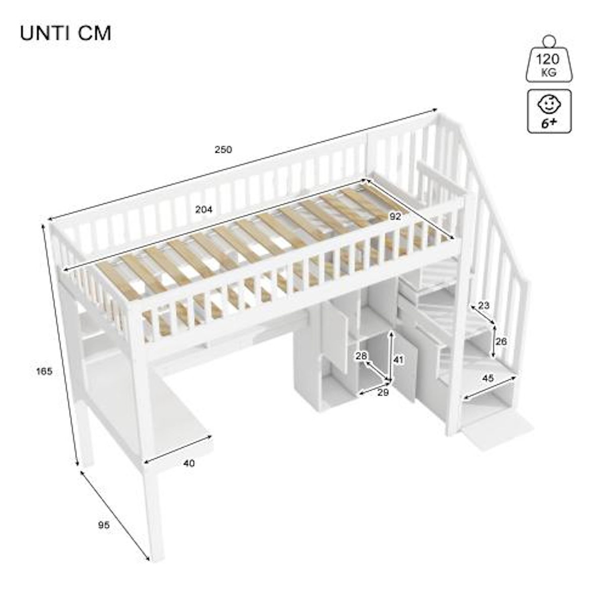 MERAX Lit combiné enfant 90x200 cm coloris blanc led pin