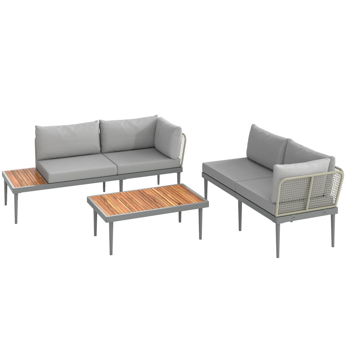 OUTSUNNY Salon de jardin design modulable 4 places 3 pièces acier coussins gris étagère plateau bois acacia